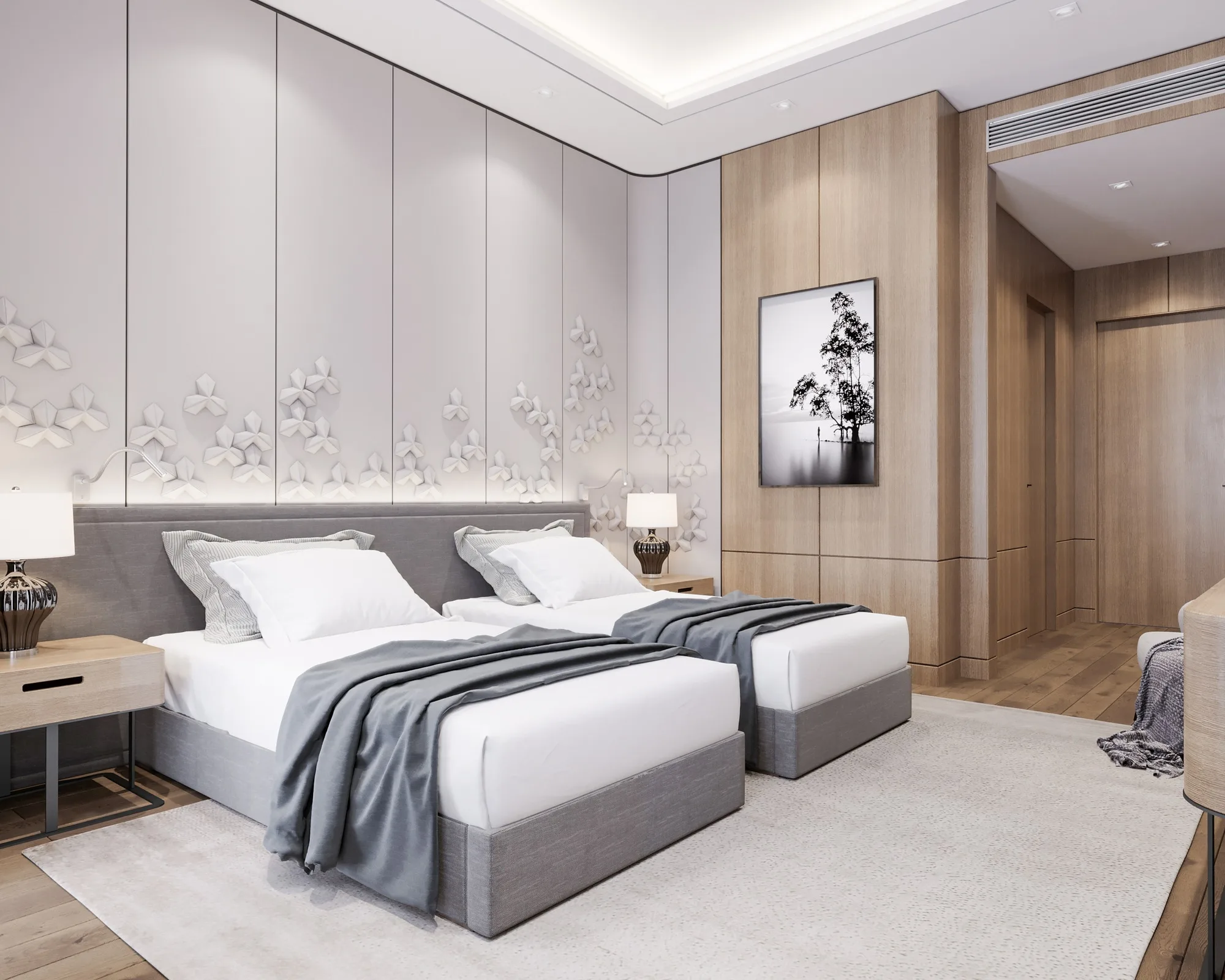 Sagbon hotel in Tashkent: a twin room with headboard panels — SAD studio