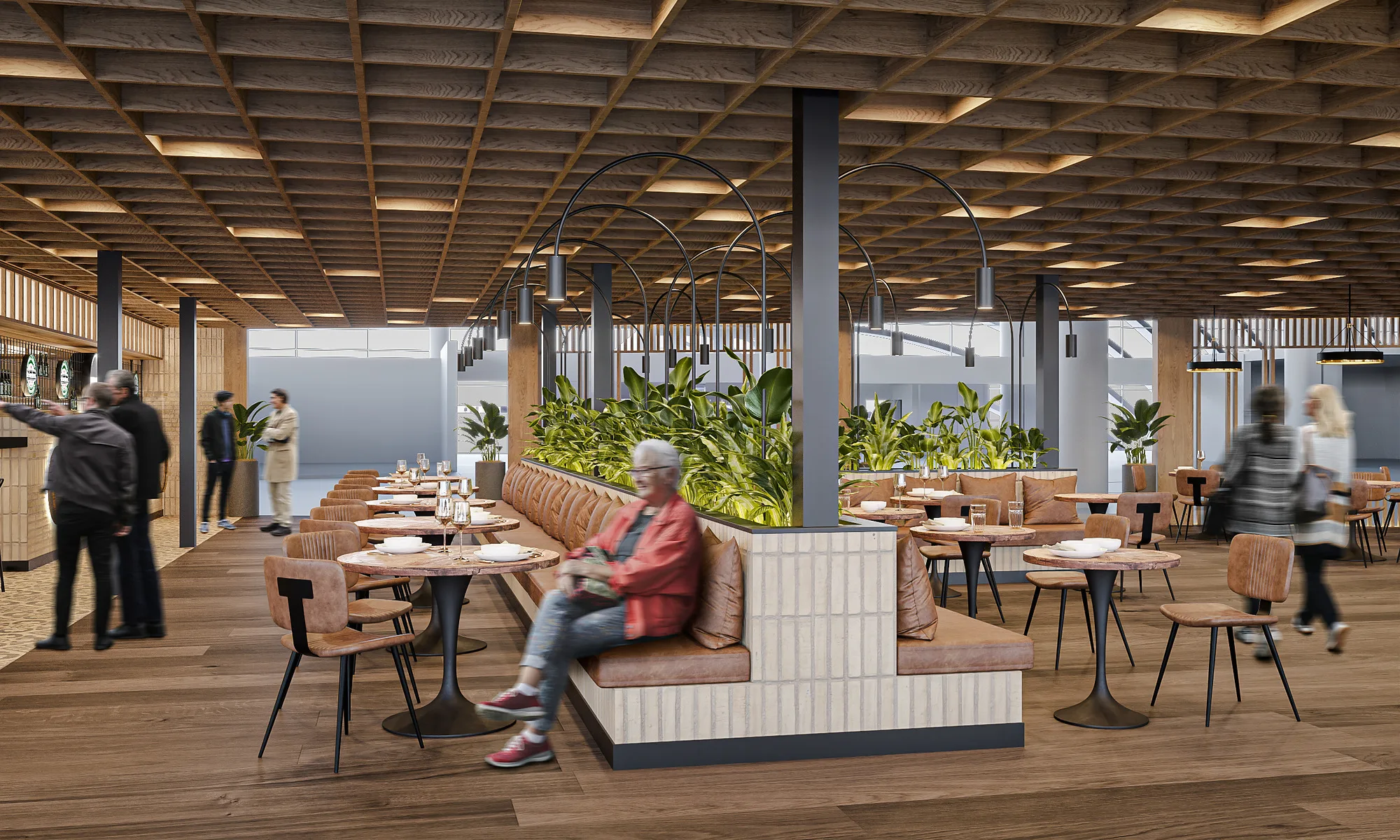Beer bar at Samarkand airport: the hall with a timber coffered ceiling, banquettes and passengers — SAD studio