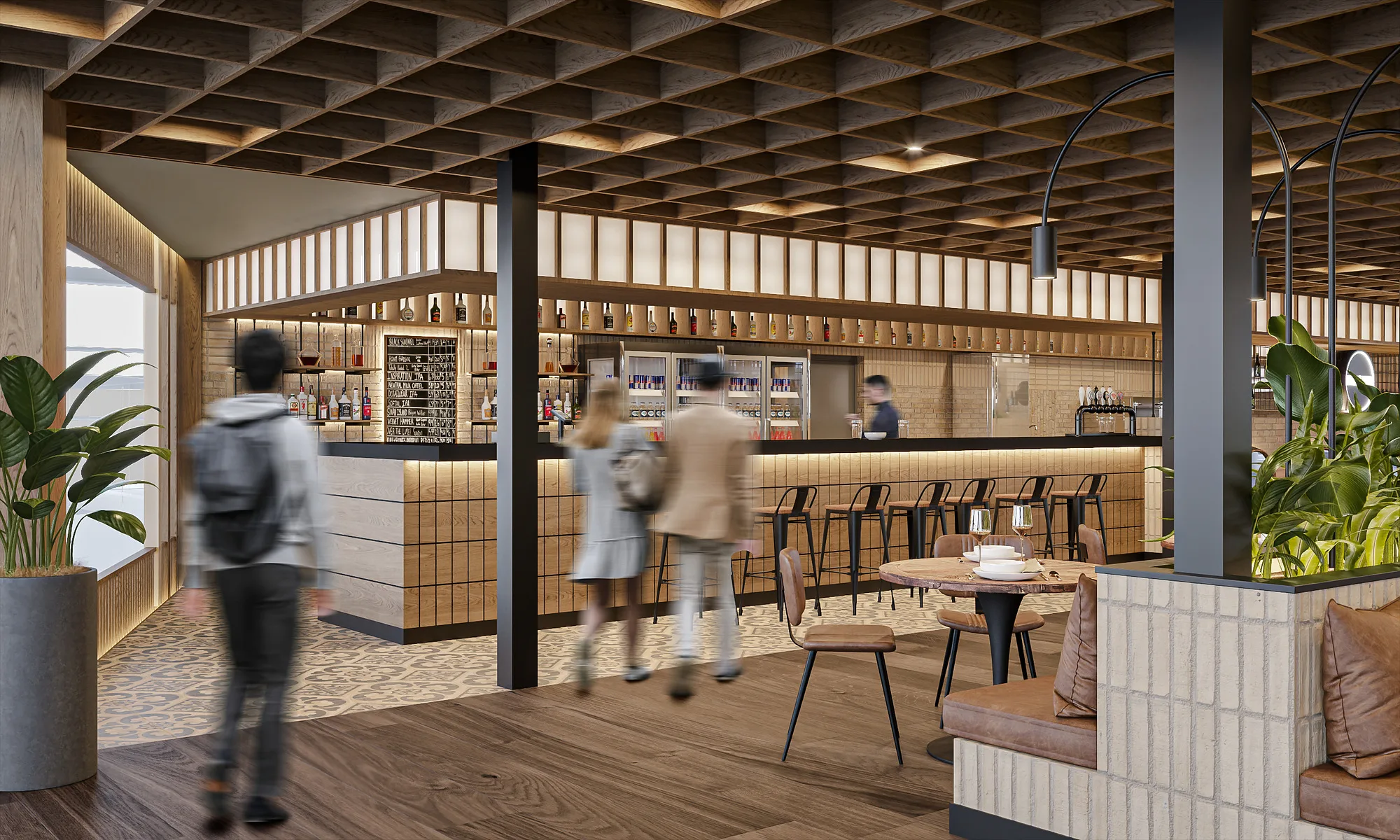 Counter of the beer bar at Samarkand airport: the lit back bar, high seating and planting — SAD studio