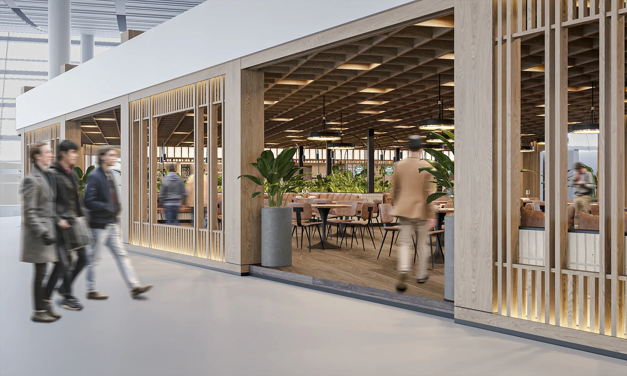 Shopfront of the beer bar from the terminal concourse in Samarkand: timber fins and passengers passing — SAD studio