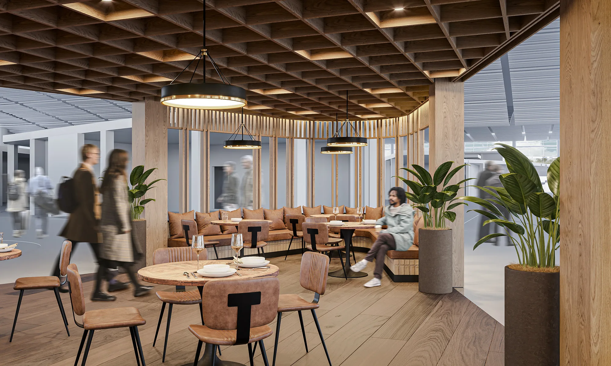 Seating zone of the beer bar at Samarkand airport: tables under a pendant light and the view to the apron — SAD studio
