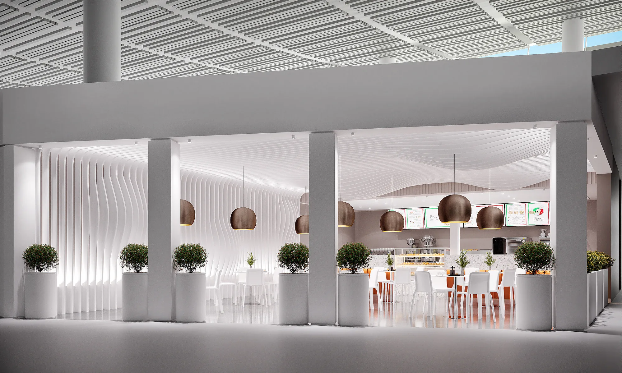 Burger & Pizza at Samarkand airport: the cafe entrance from the terminal concourse, white fins and planting — SAD studio