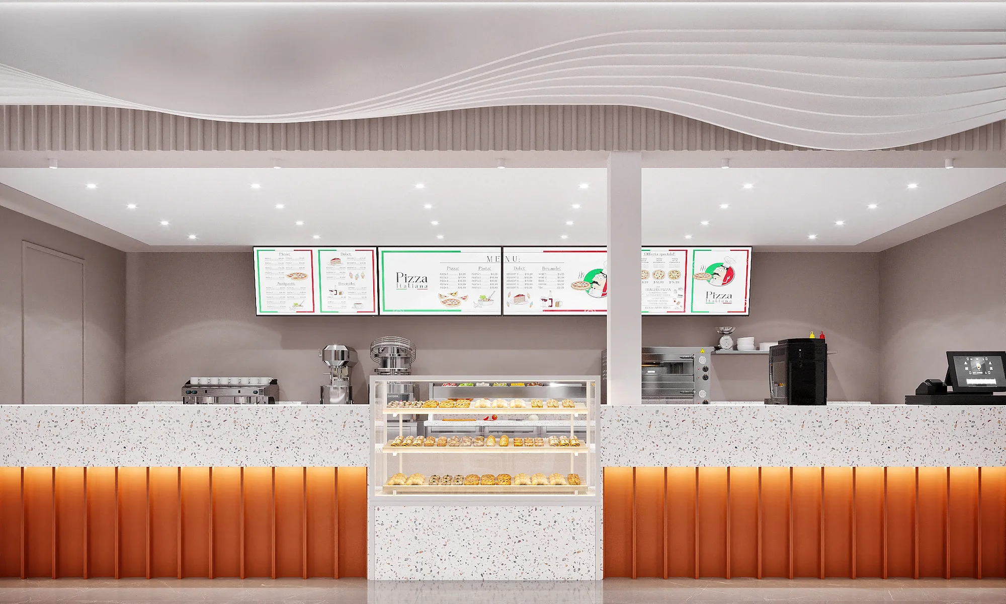 Burger & Pizza counter at Samarkand airport: terrazzo, an orange panel and the menu on screens — SAD studio
