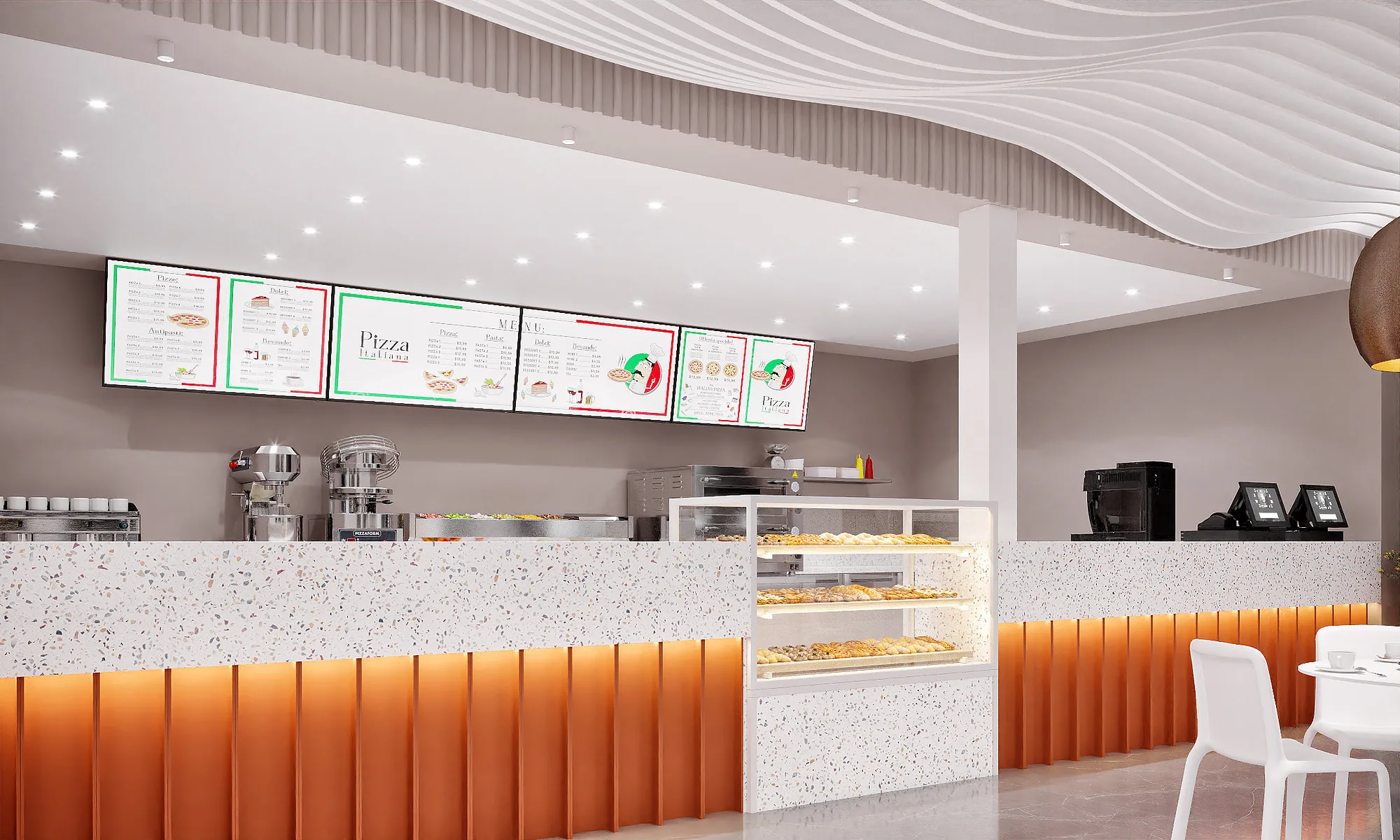 Service area of Burger & Pizza at Samarkand airport: the pastry display, coffee machines and menu boards — SAD studio