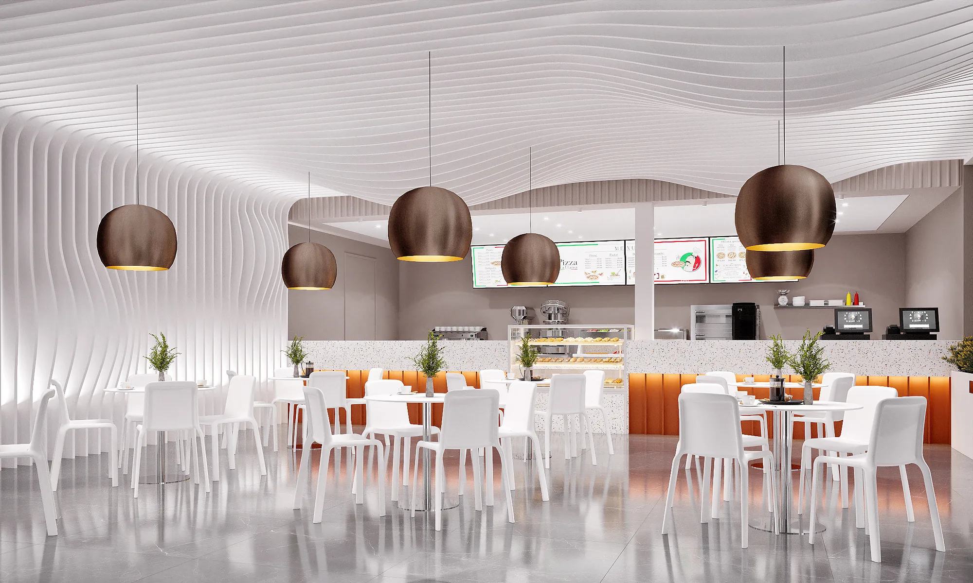 Burger & Pizza hall at Samarkand airport: the wave ceiling, copper pendants and light furniture — SAD studio