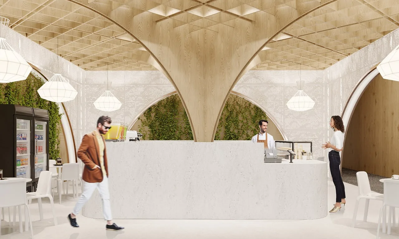 Sandwich & Breakfast Bar at Samarkand airport: light stone vaults, the counter and pendant lanterns — SAD studio