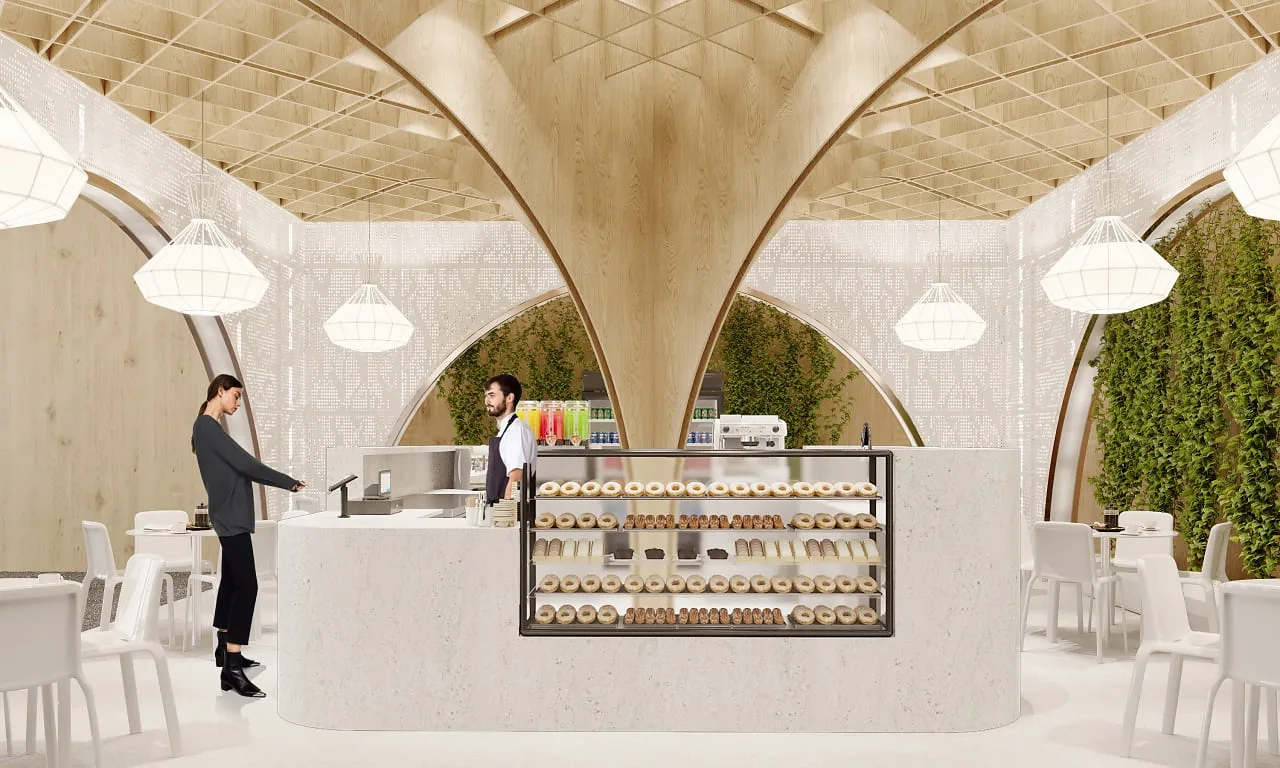 Display of the Sandwich & Breakfast Bar at Samarkand airport: the lit pastry counter under the vault — SAD studio