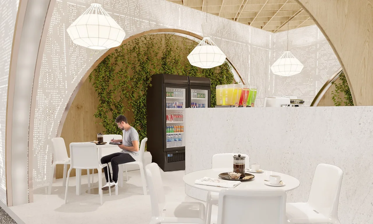 Seating of the Sandwich & Breakfast Bar at Samarkand airport: tables in the vault niche and a green wall — SAD studio