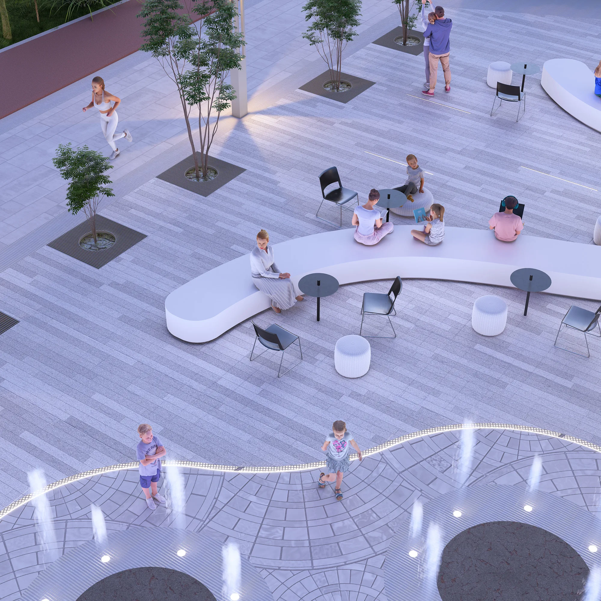 Sergeli Food Street render: square with wave benches from above — SAD studio