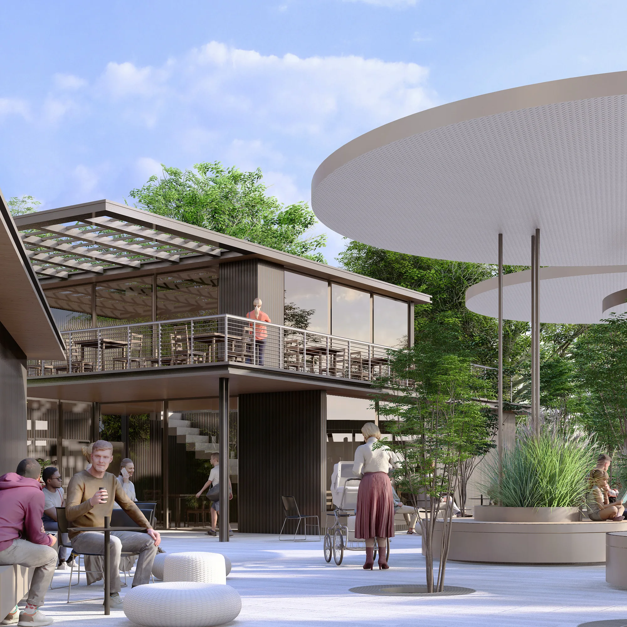 Sergeli Food Street render: café under a round canopy — SAD studio