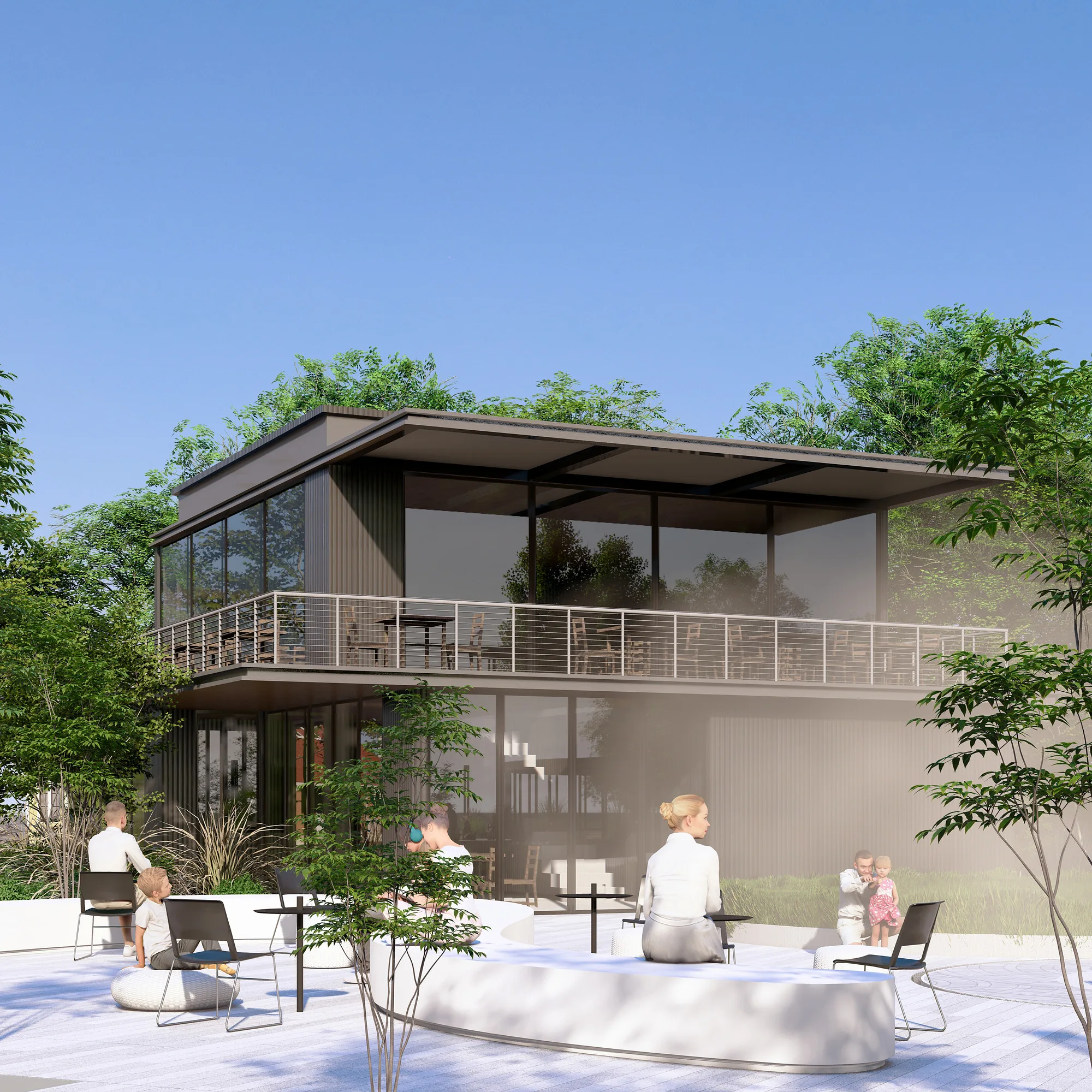 Sergeli Food Street render: two-storey café pavilion — SAD studio