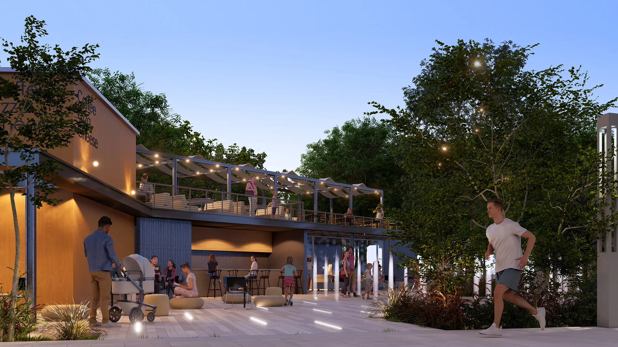 Sergeli Food Street render: entrance to the square in the evening — SAD studio