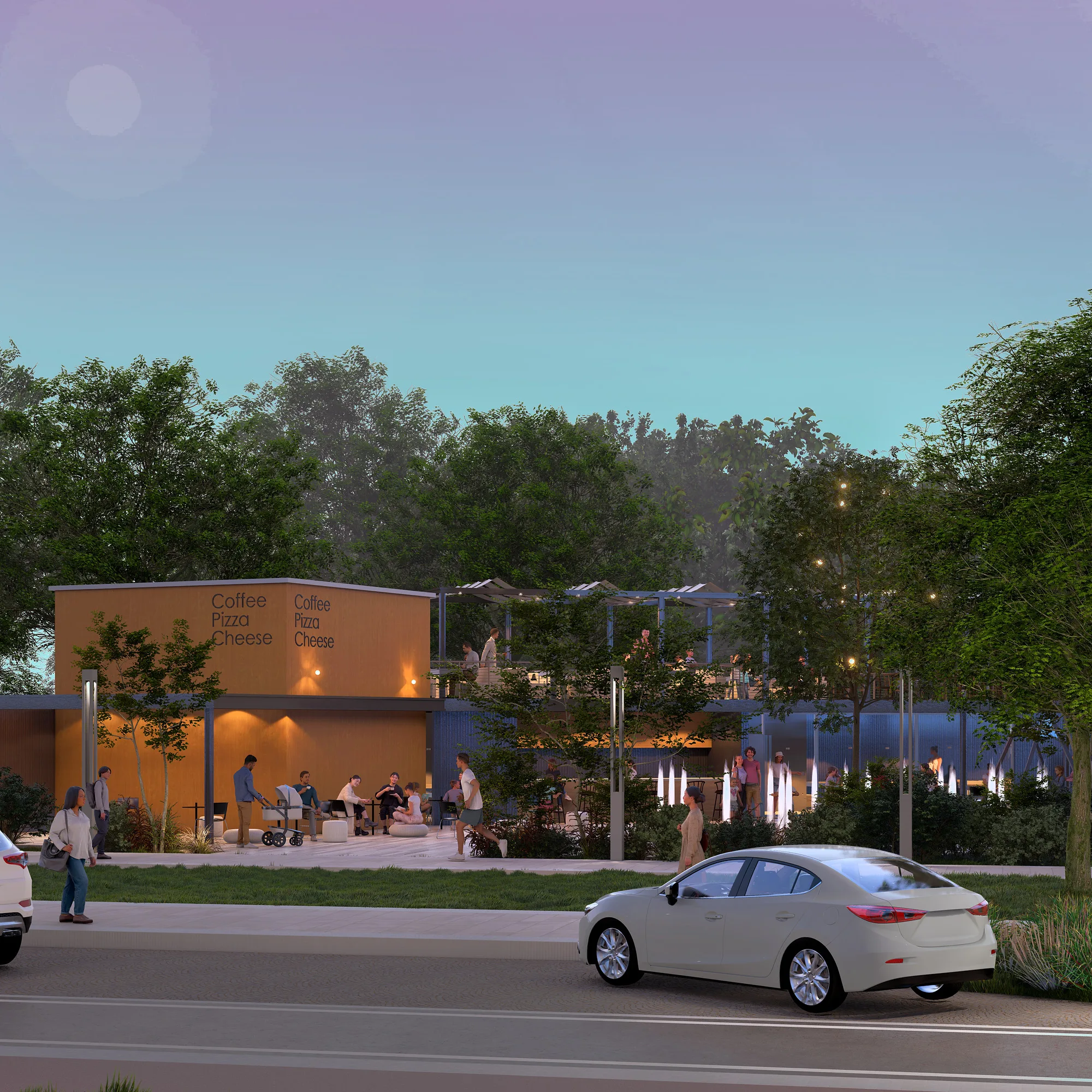 Sergeli Food Street render: pavilions by the crossing at night — SAD studio