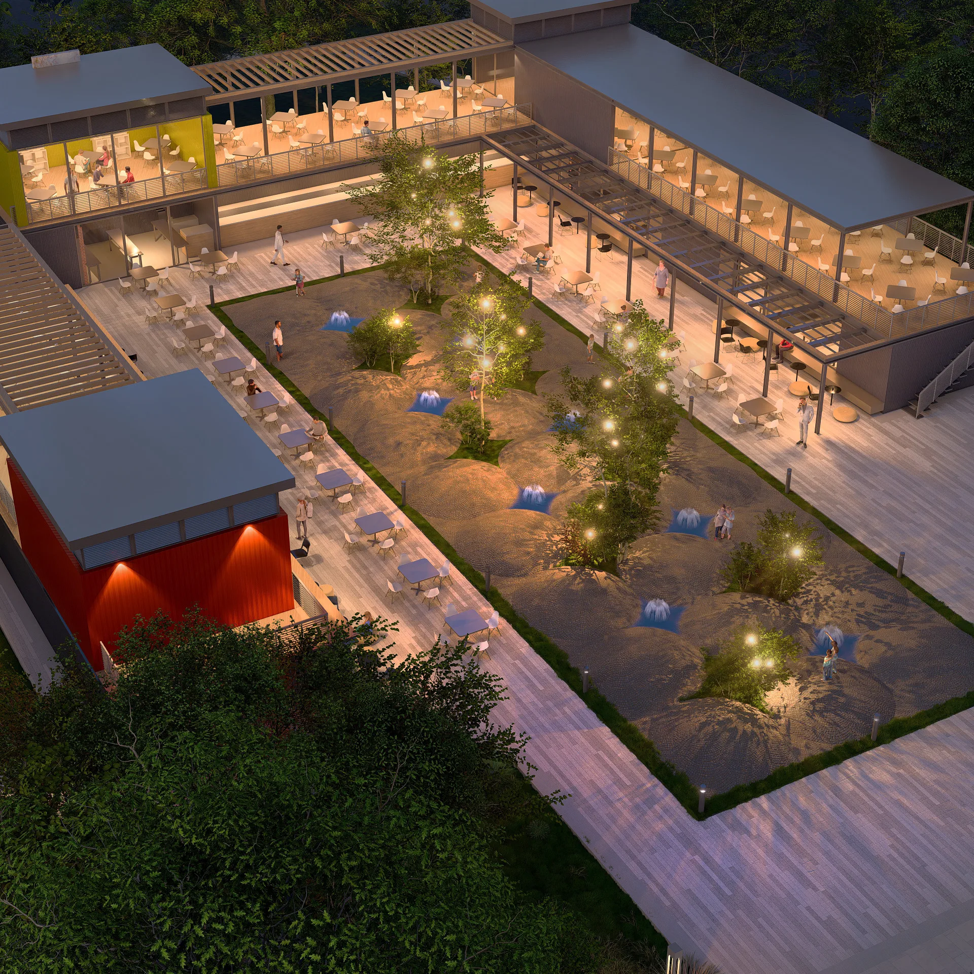 Sergeli Food Street render: inner square at night from above — SAD studio