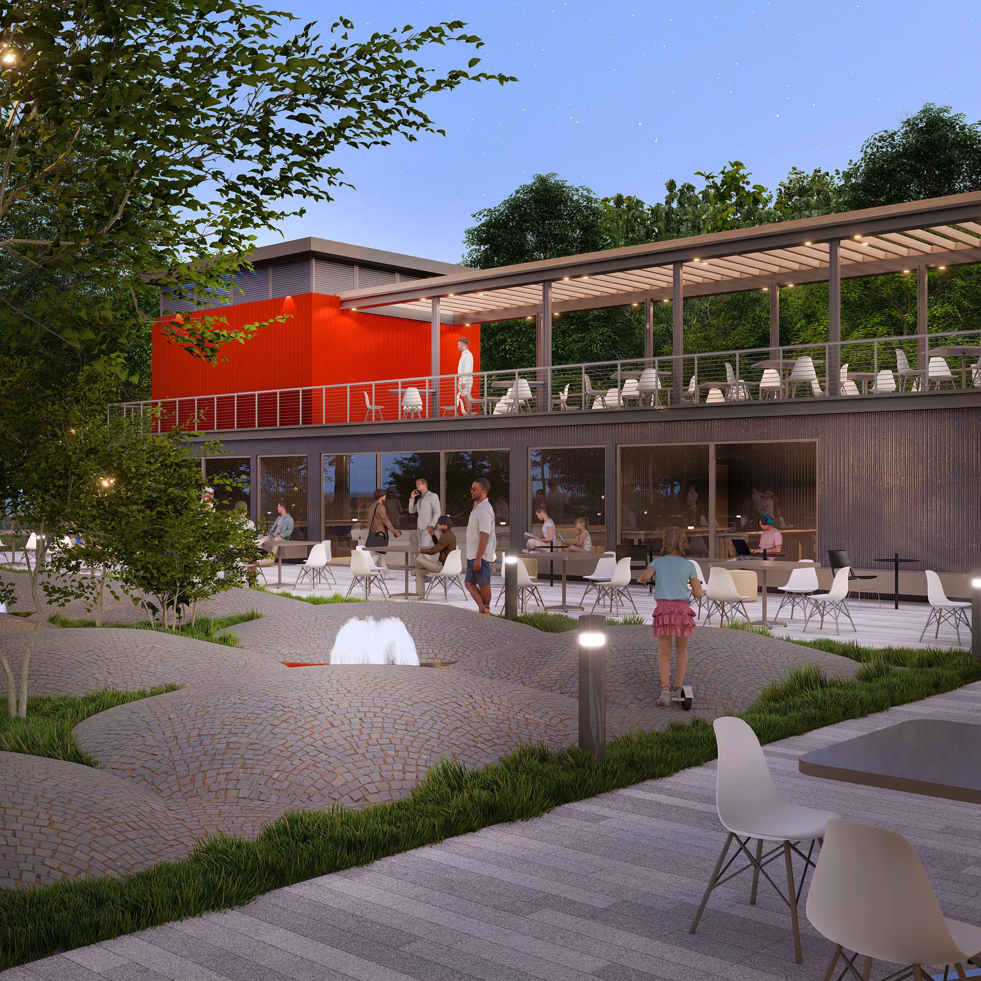 Sergeli Food Street render: terrace above the inner square — SAD studio