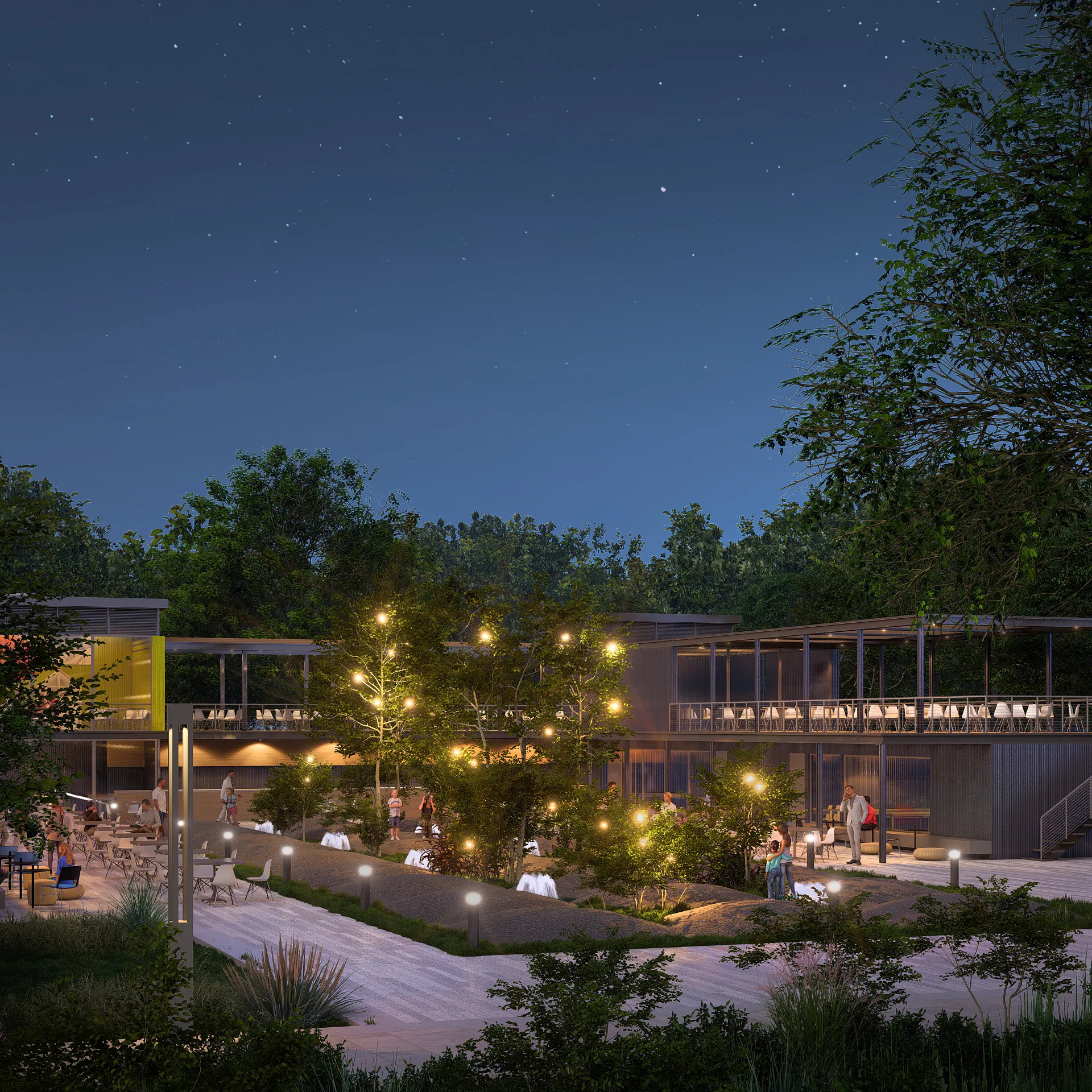 Sergeli Food Street render: inner square in the evening — SAD studio