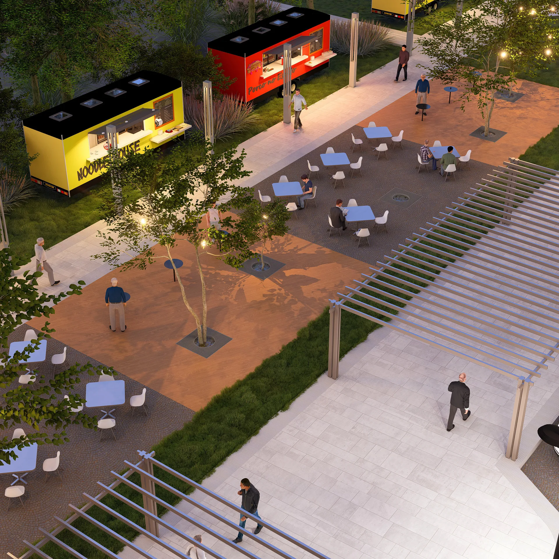 Sergeli Food Street render: food trucks and tables — SAD studio