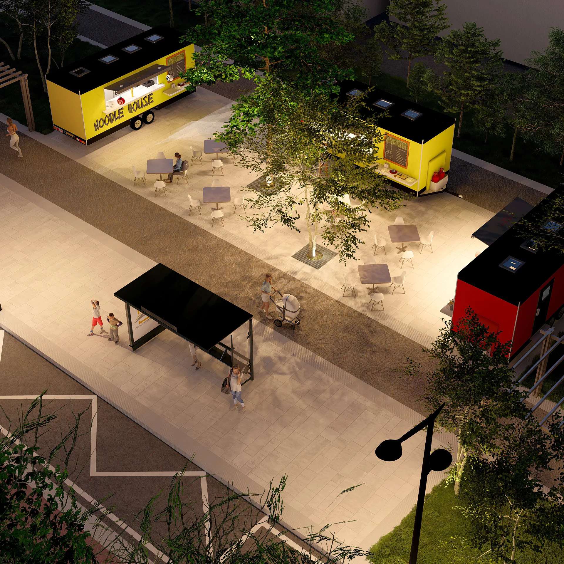 Sergeli Food Street render: food truck area in the evening — SAD studio