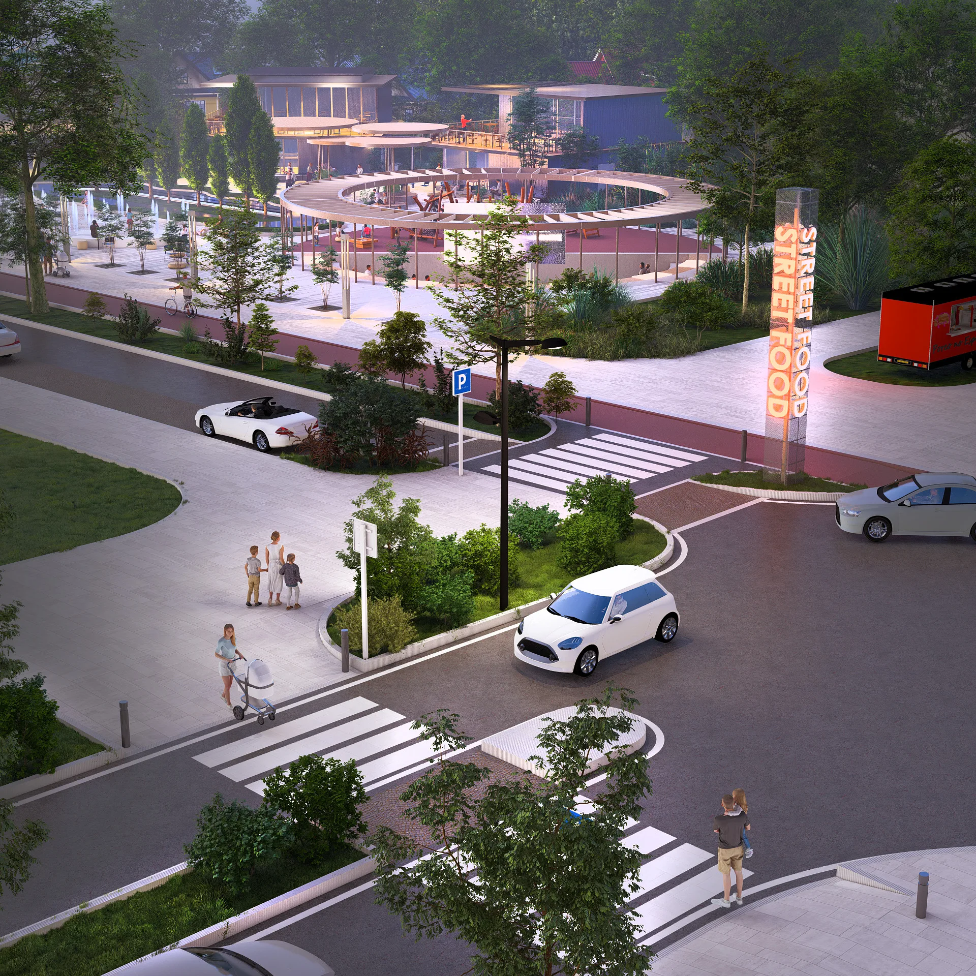 Sergeli Food Street render: crossing and entrance — SAD studio