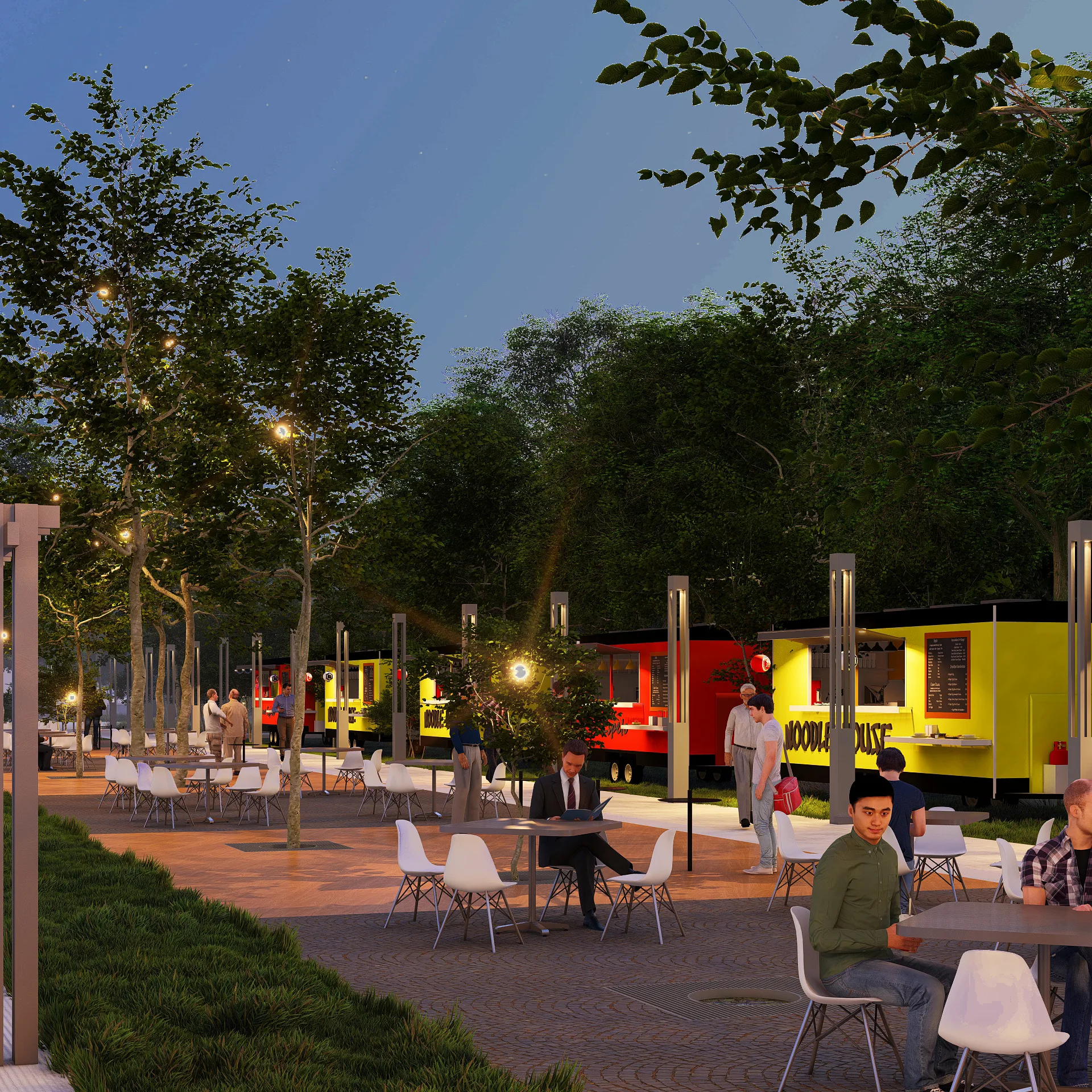 Sergeli Food Street render: tables under string lights — SAD studio