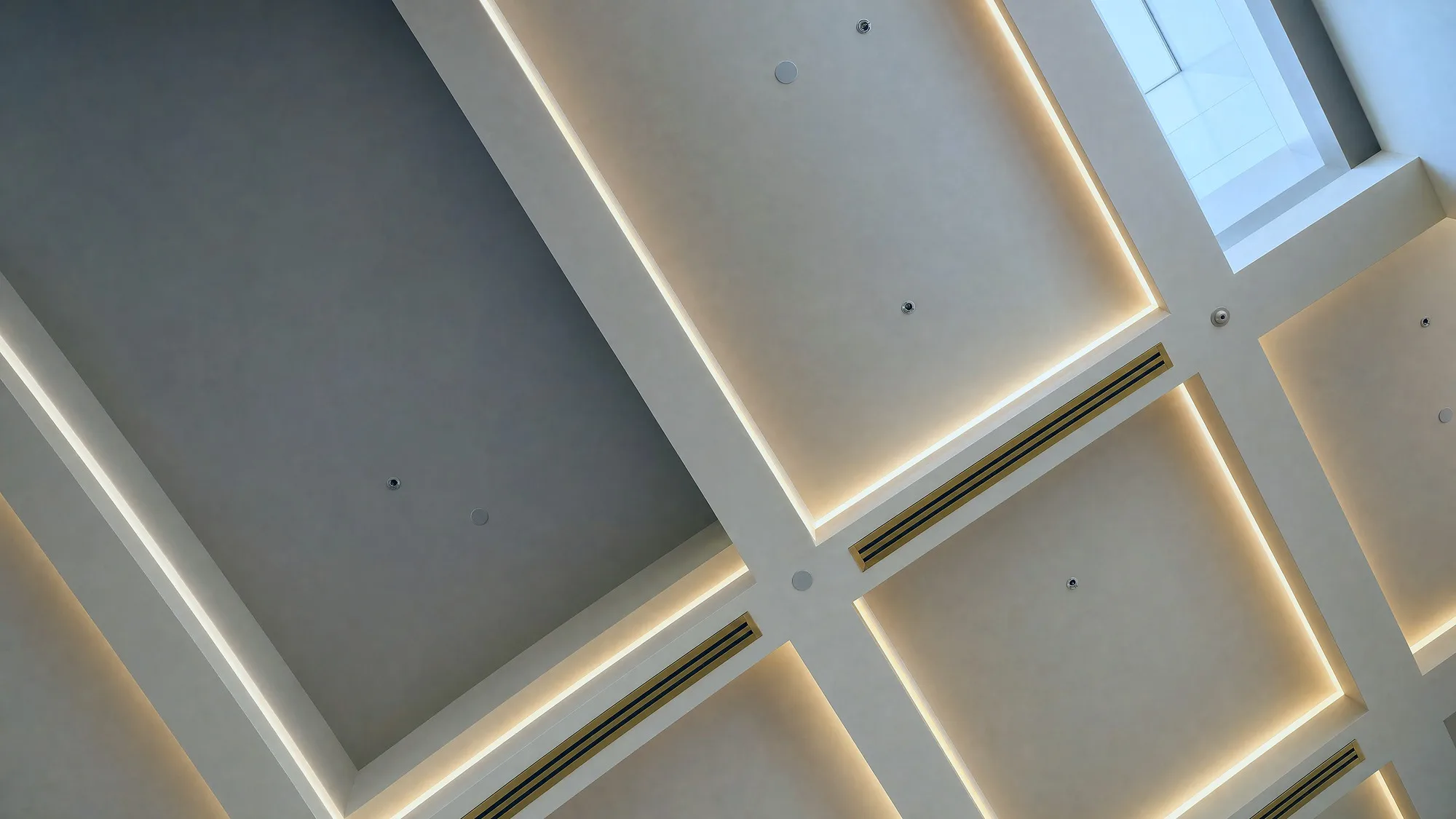 Coffered ceiling: light lines, air slots and sprinklers on a single module