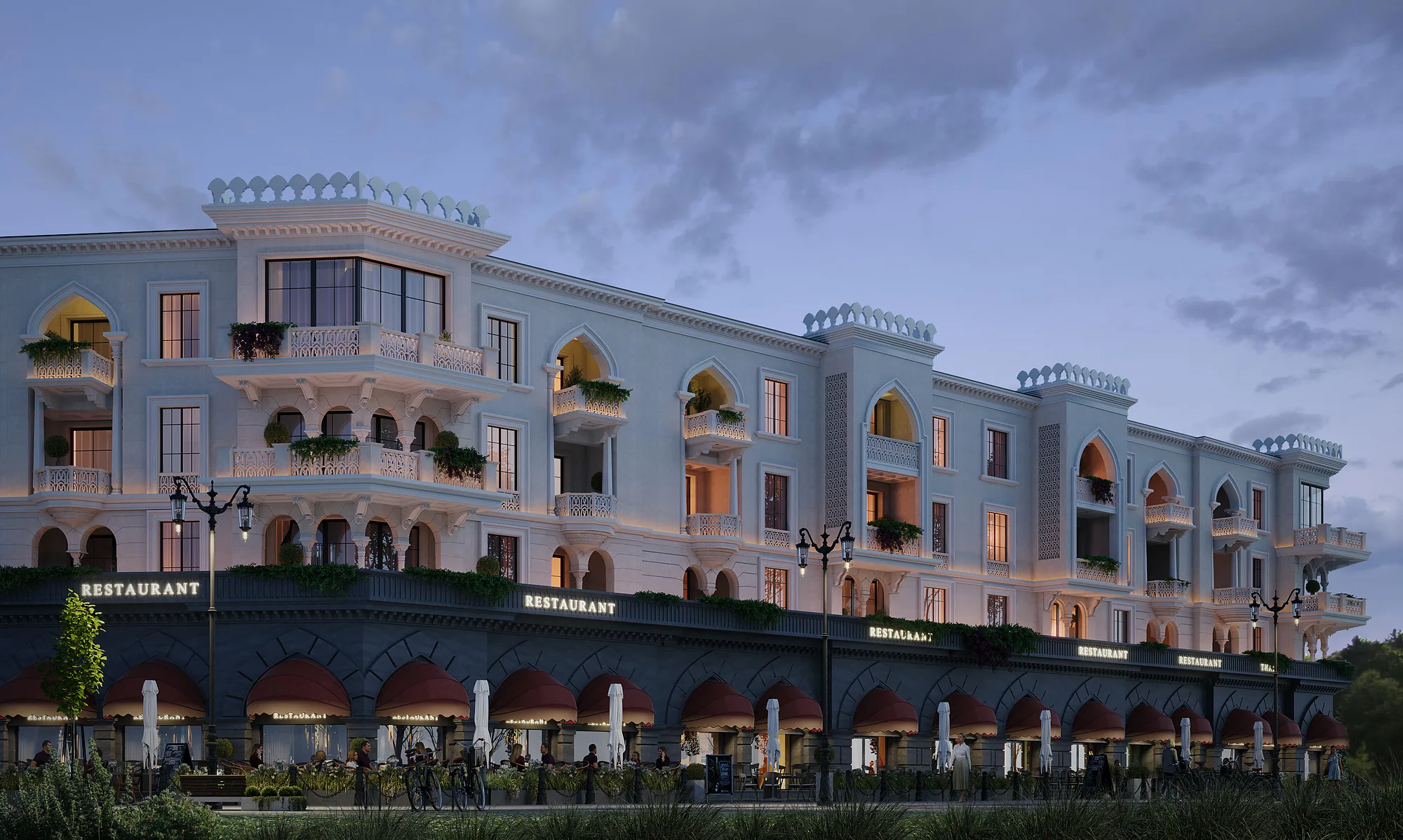 A Sheron residential block: a pale classical facade with balconies and planting
