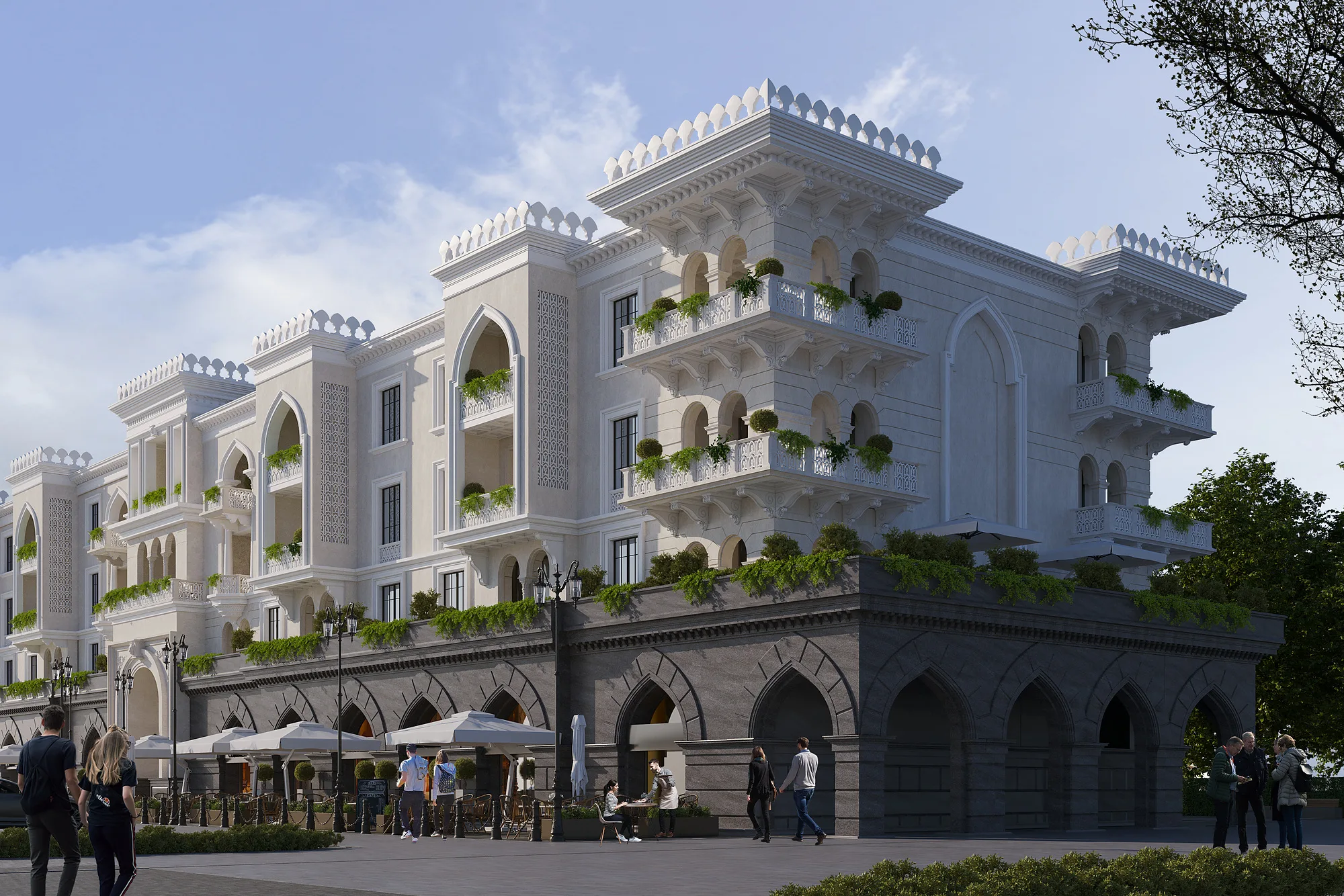 A corner block of Sheron: arcade, terraces and a ground-floor cafe