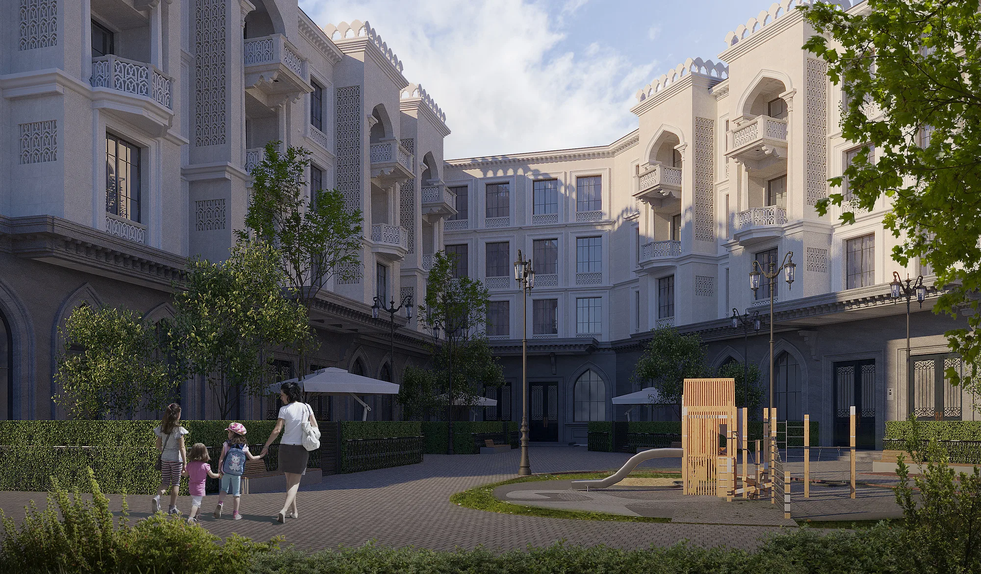 A Sheron apartment courtyard: a playground and footpaths between the blocks