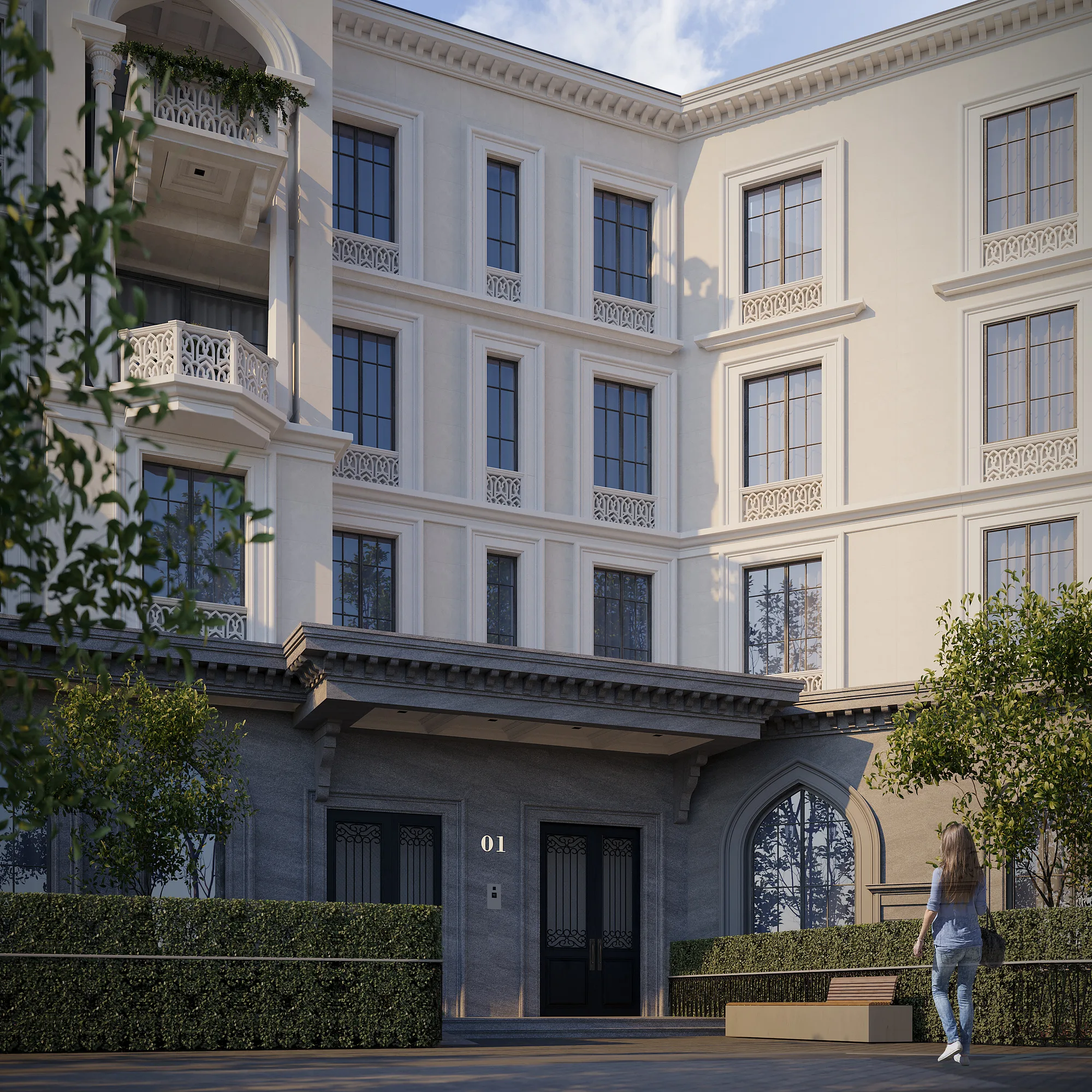 A Sheron facade detail: a bay window, wrought balcony railings and vertical planting
