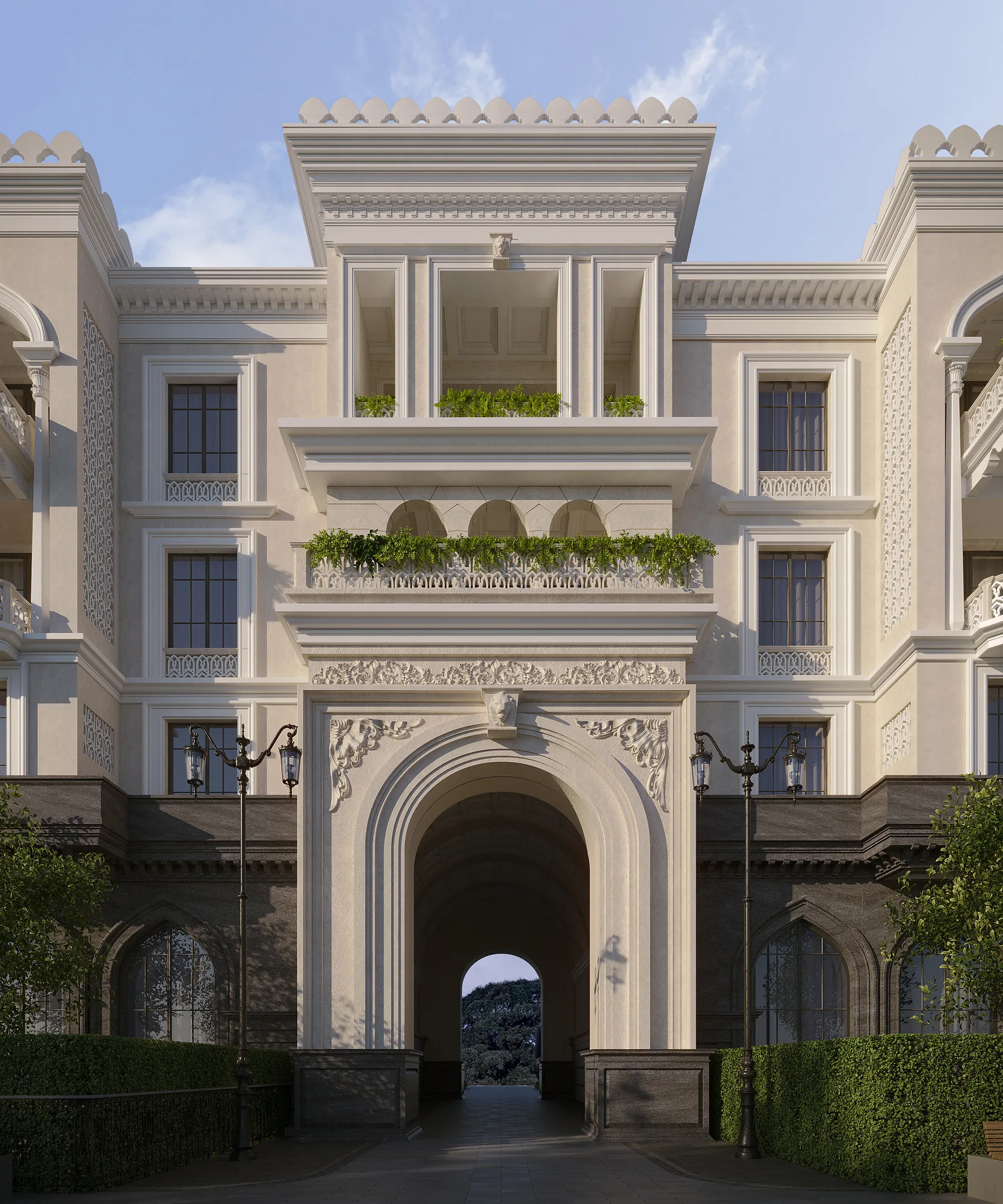 The arched gateway into a Sheron block with carved framing
