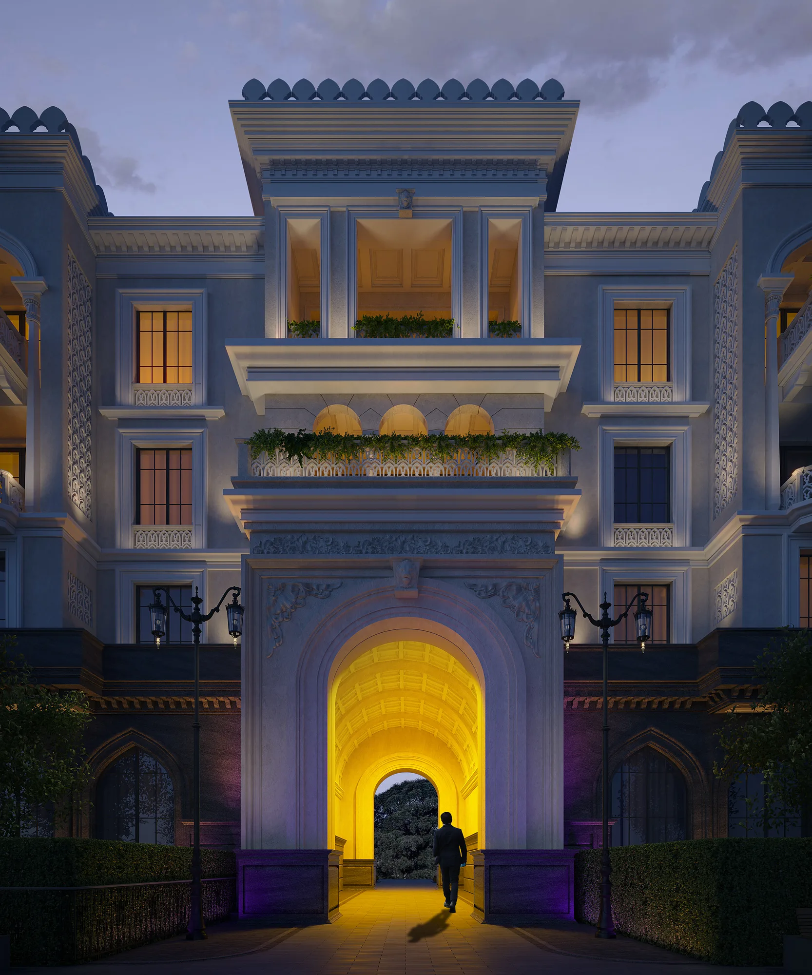 The Sheron entrance arch in the evening: warm lighting of the vault and niche