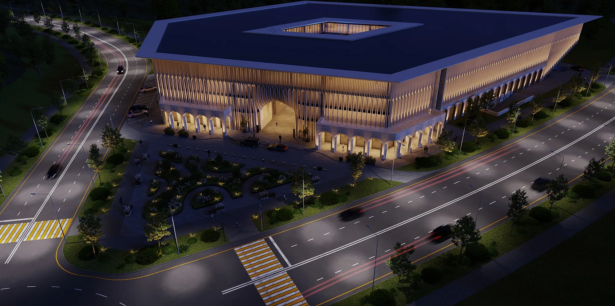 The building from above in the evening, the facade lit