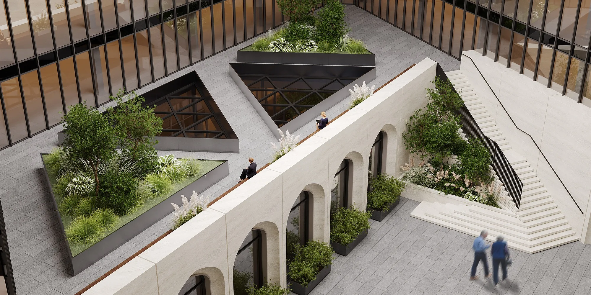 The courtyard from above: the terraces and routes