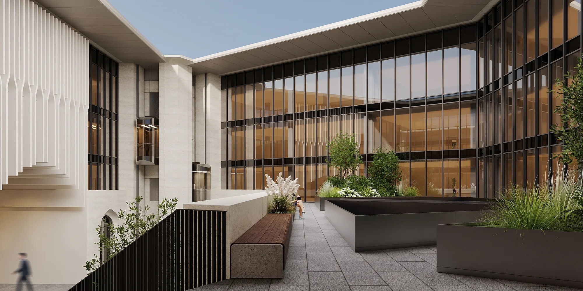 The courtyard at eye level, with seating