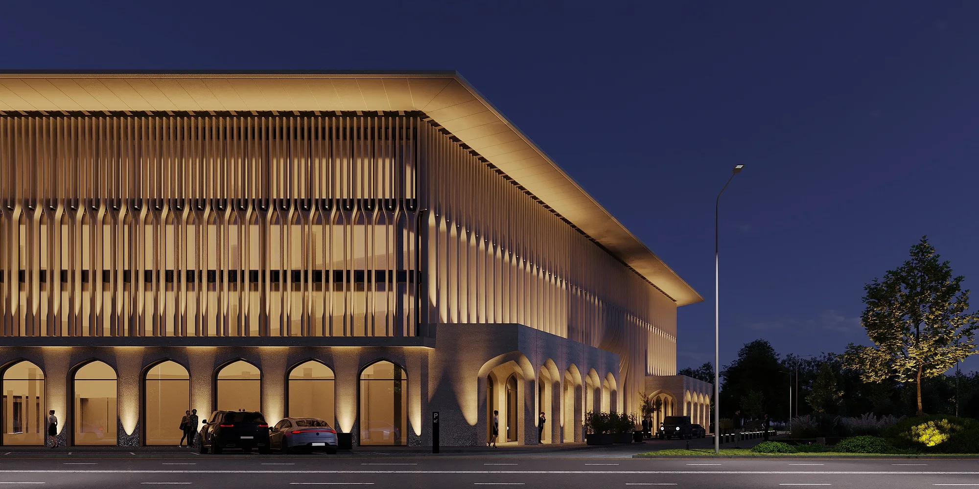 The facade in the evening from the roadway
