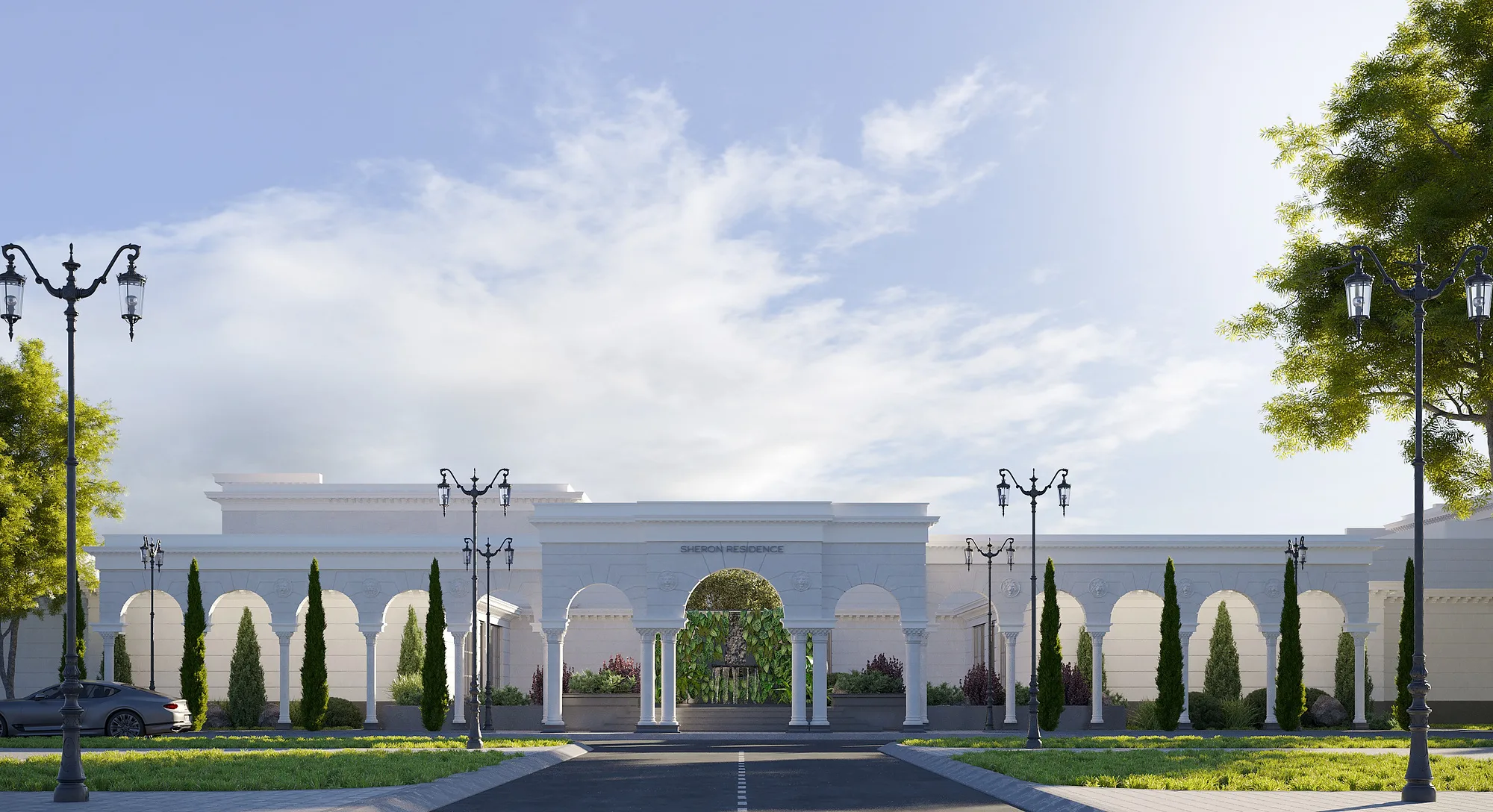 The Sheron chaikhana: the white arcaded facade with cypresses along the road