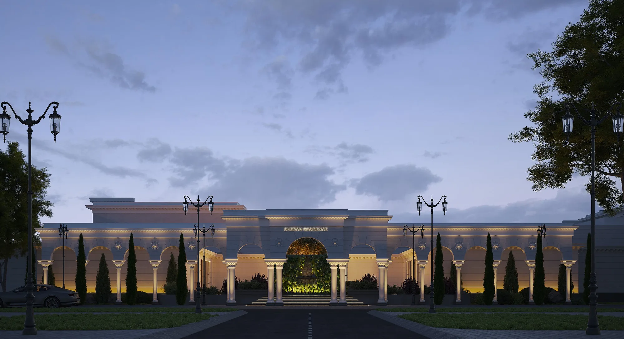 The Sheron chaikhana in the evening: the lit arcade and green wall at the entrance