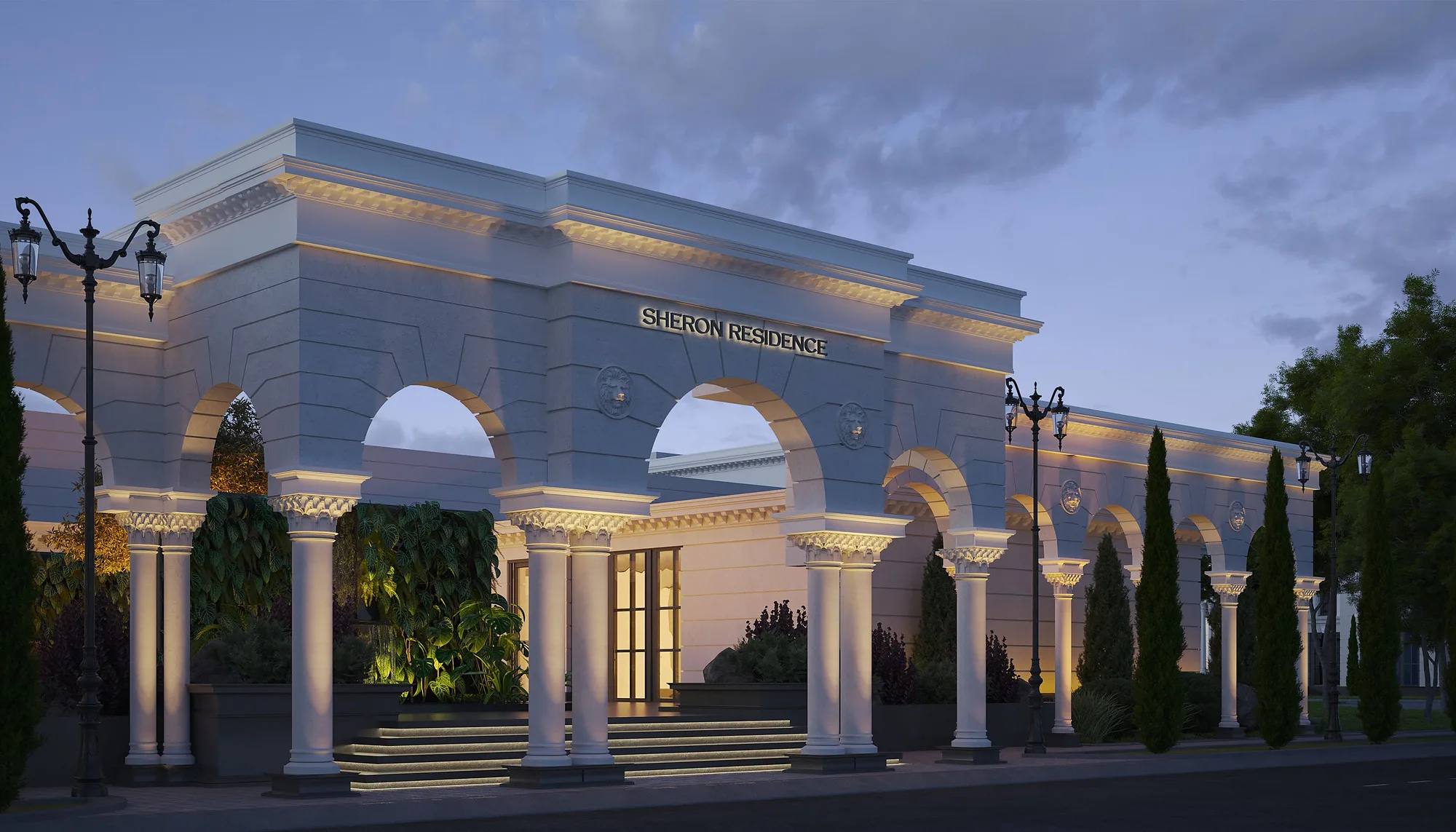 The Sheron chaikhana at dusk: the lit portal and a row of cypresses
