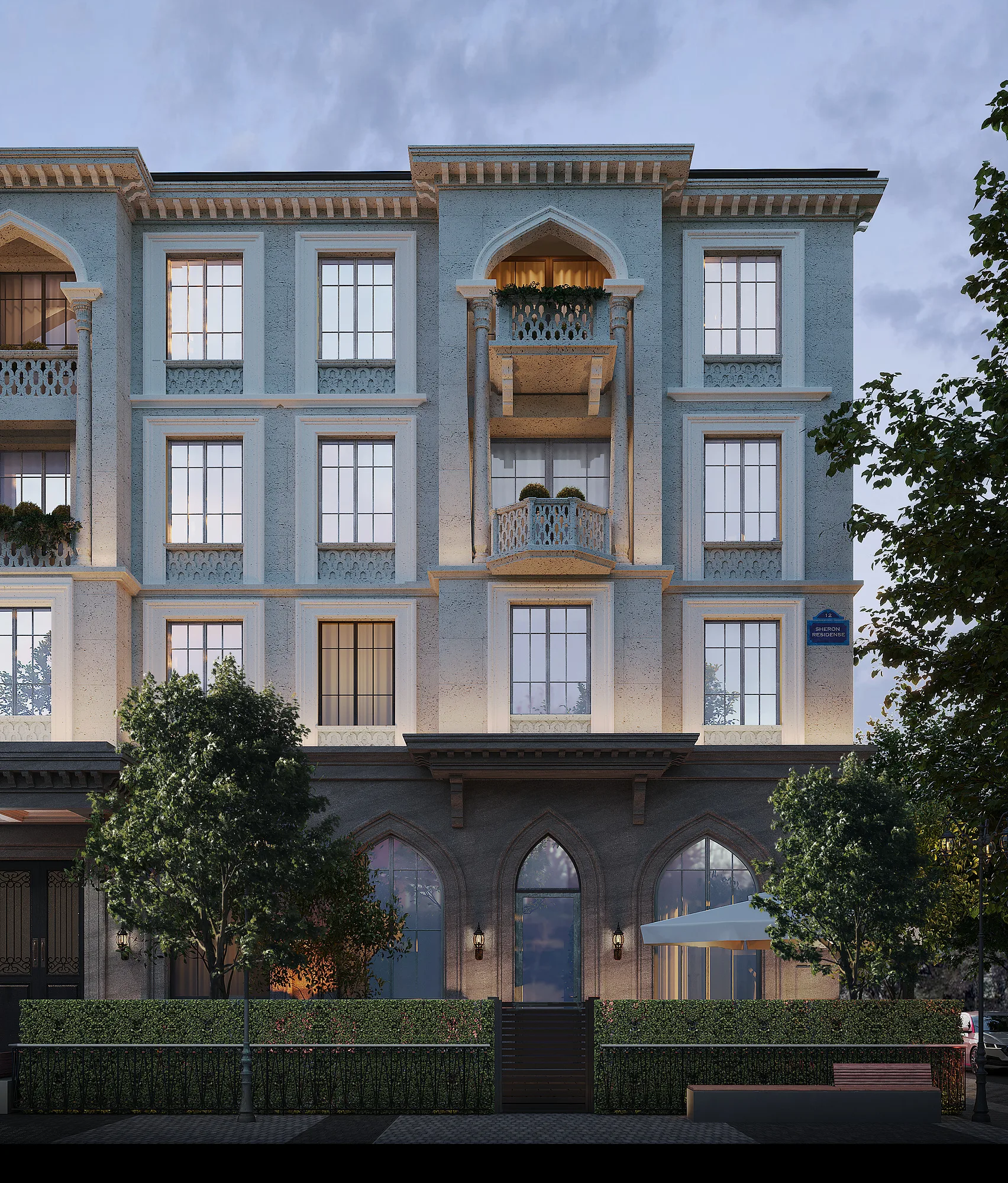 Blue-toned facade of a Sheron residential section