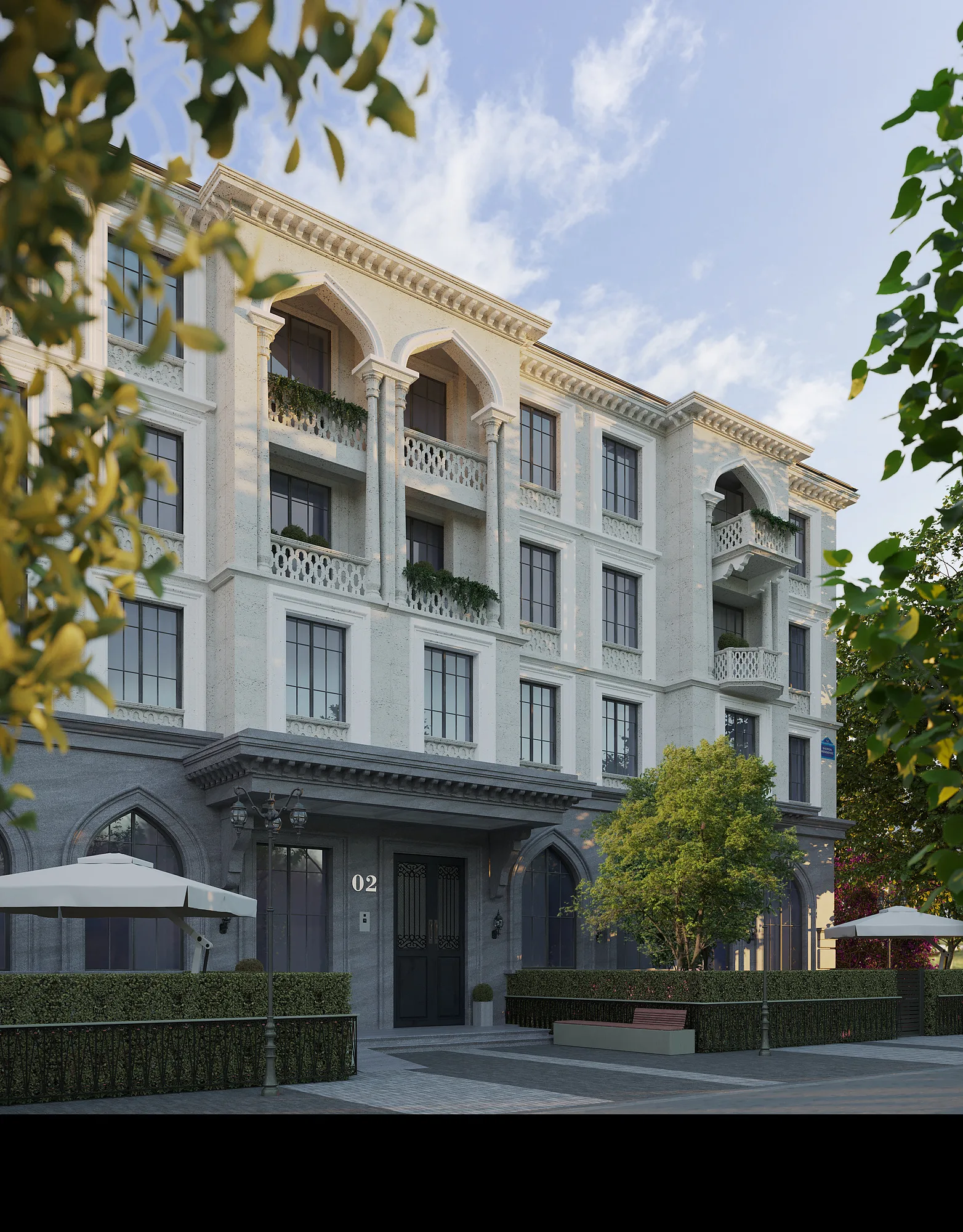 Sheron residential facade with arch and cafe terrace