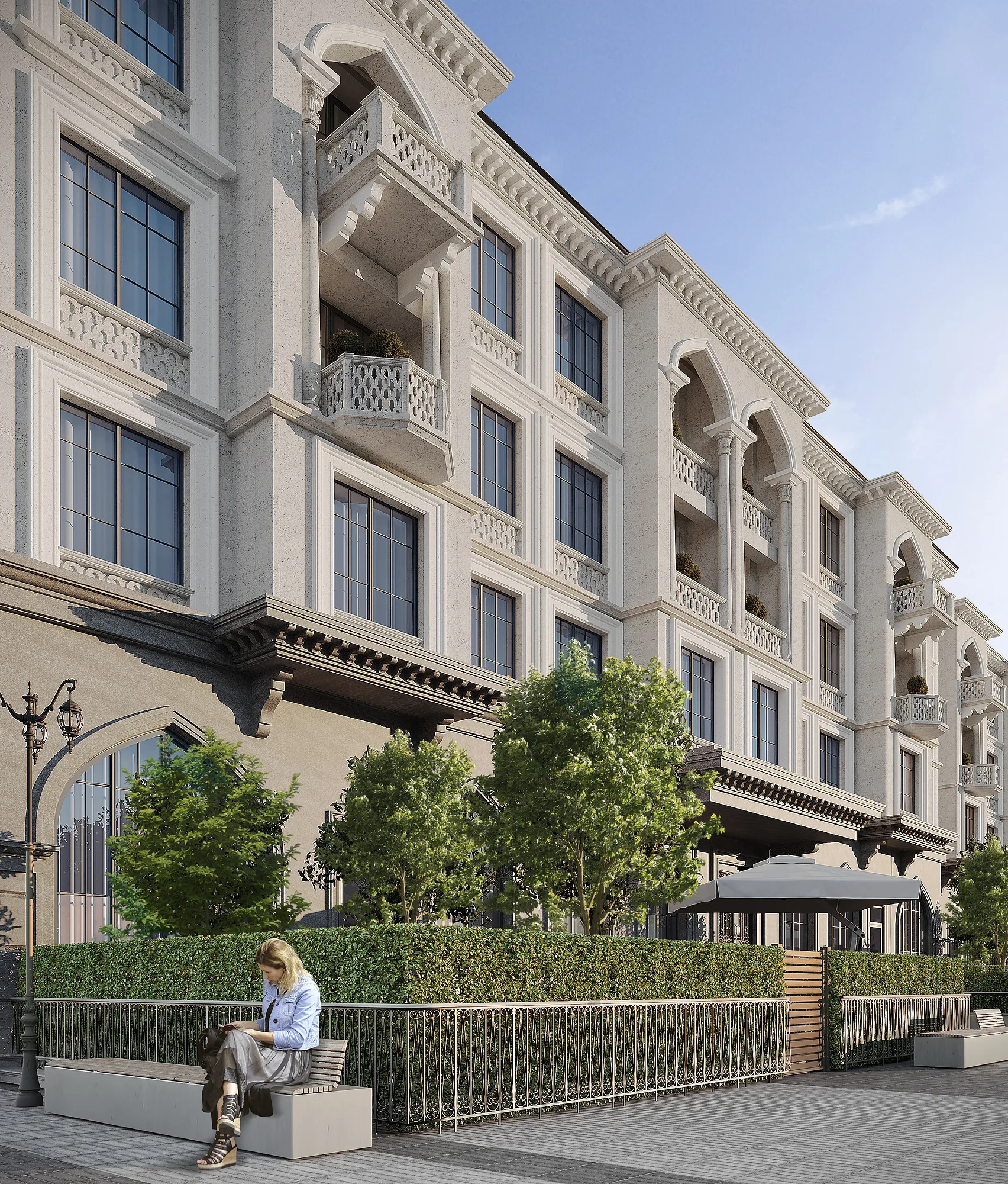 Sheron residential facade with landscaped courtyard