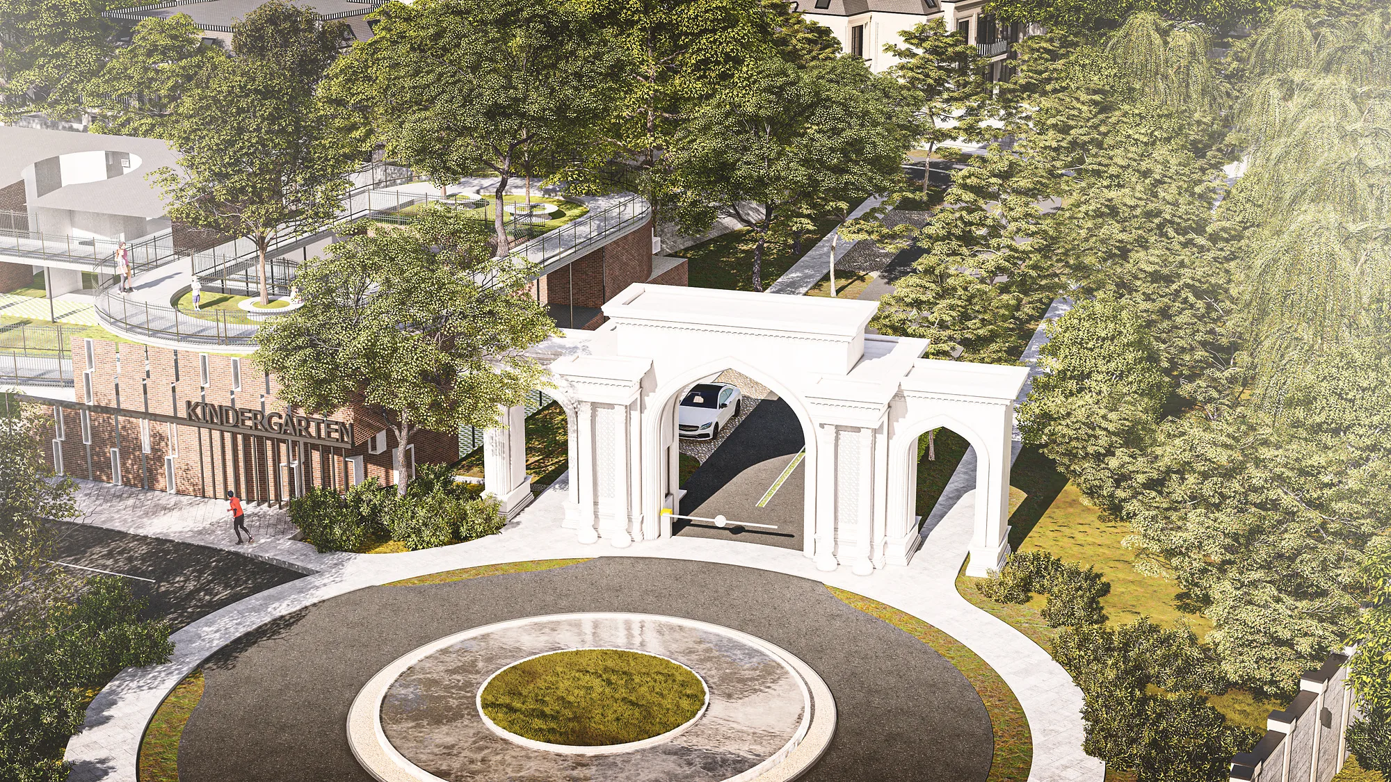 Sheron entrance plaza with roundabout, aerial view