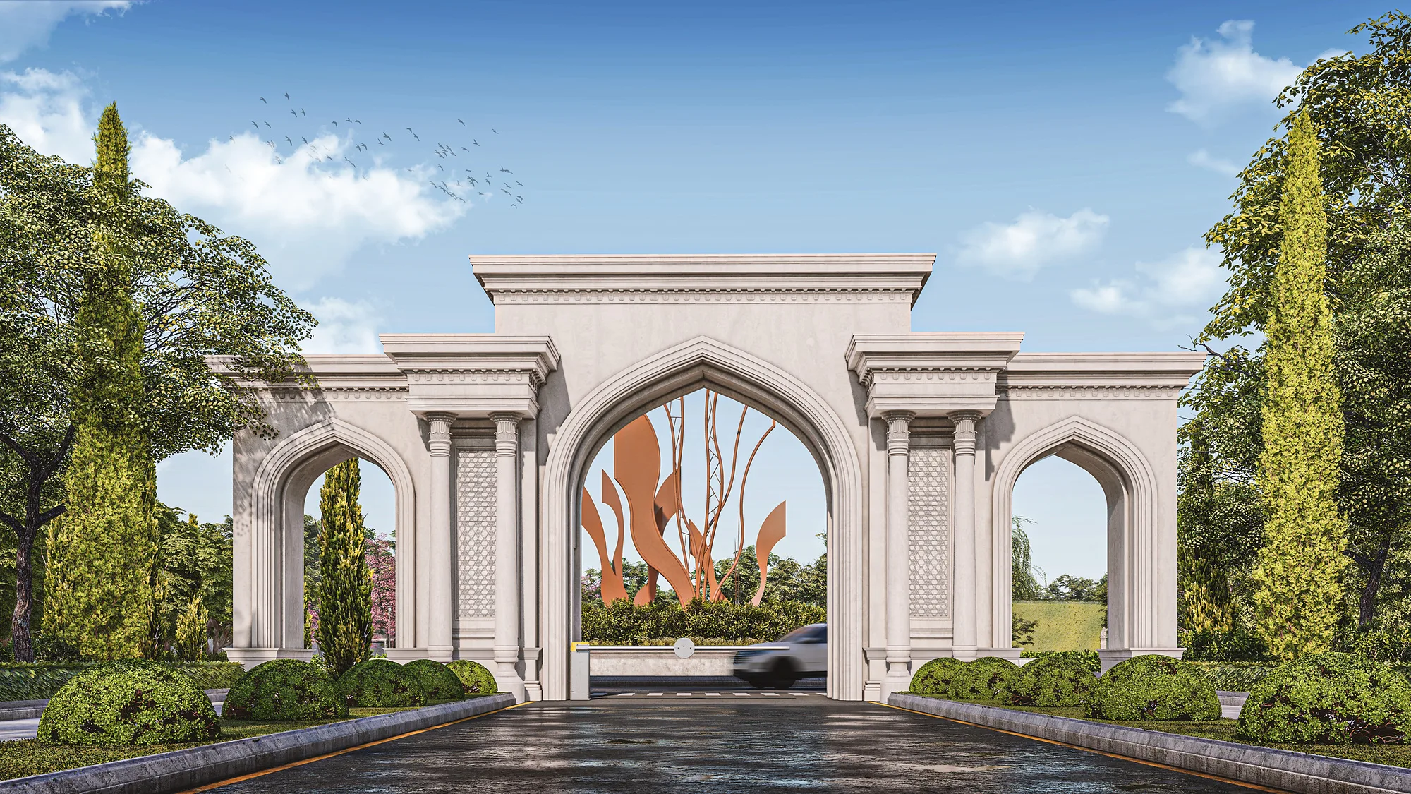 Main gates of Sheron with three arches and stained glass