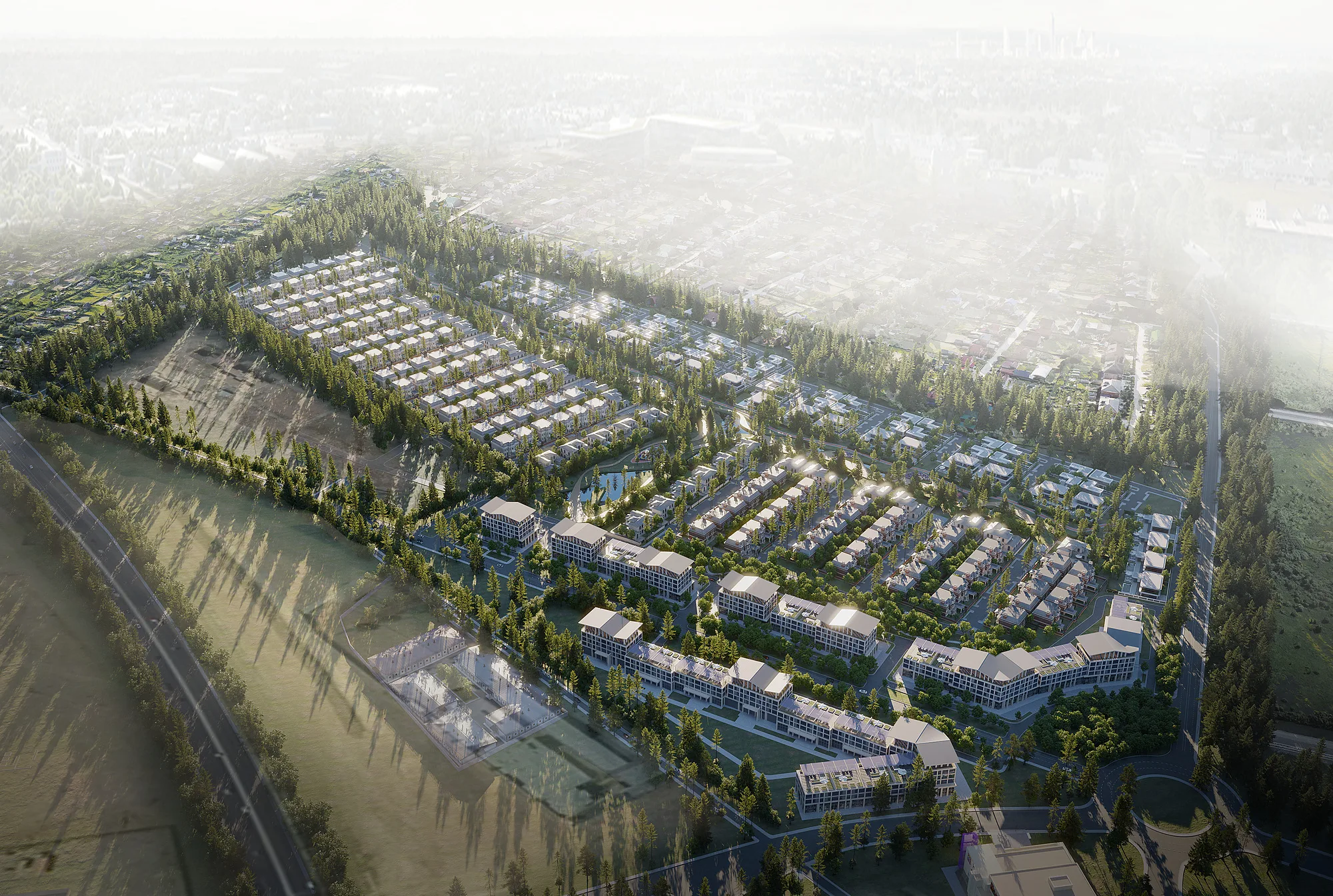 Aerial view of the Sheron residential quarter in Tashkent along the canal