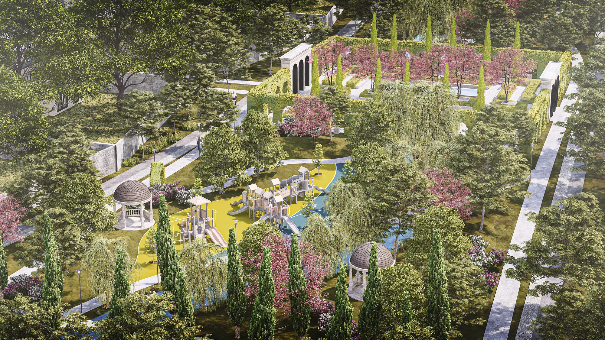 Sheron park from above: pavilions and pergolas