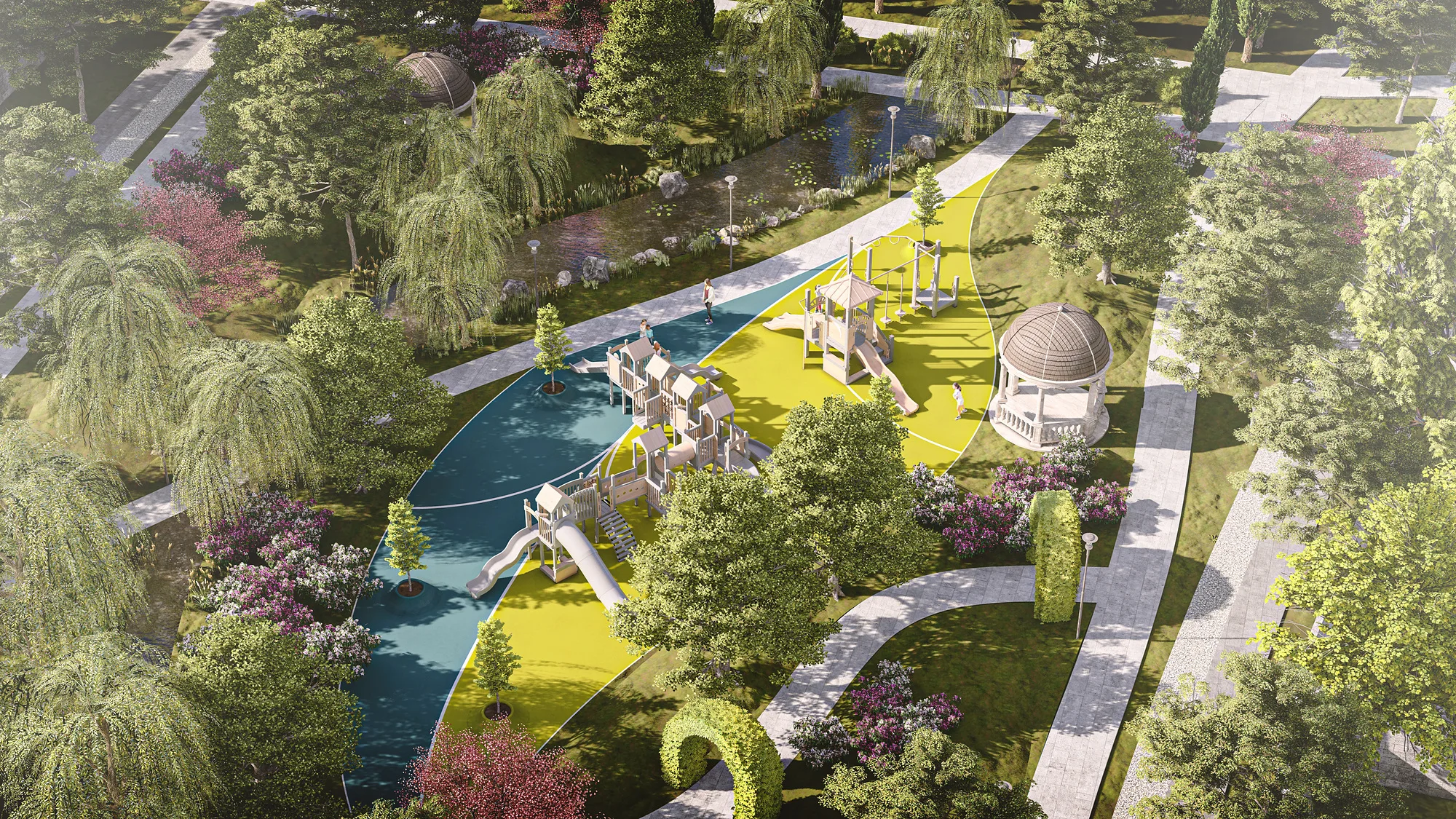 Canal and playgrounds in the Sheron park, aerial view