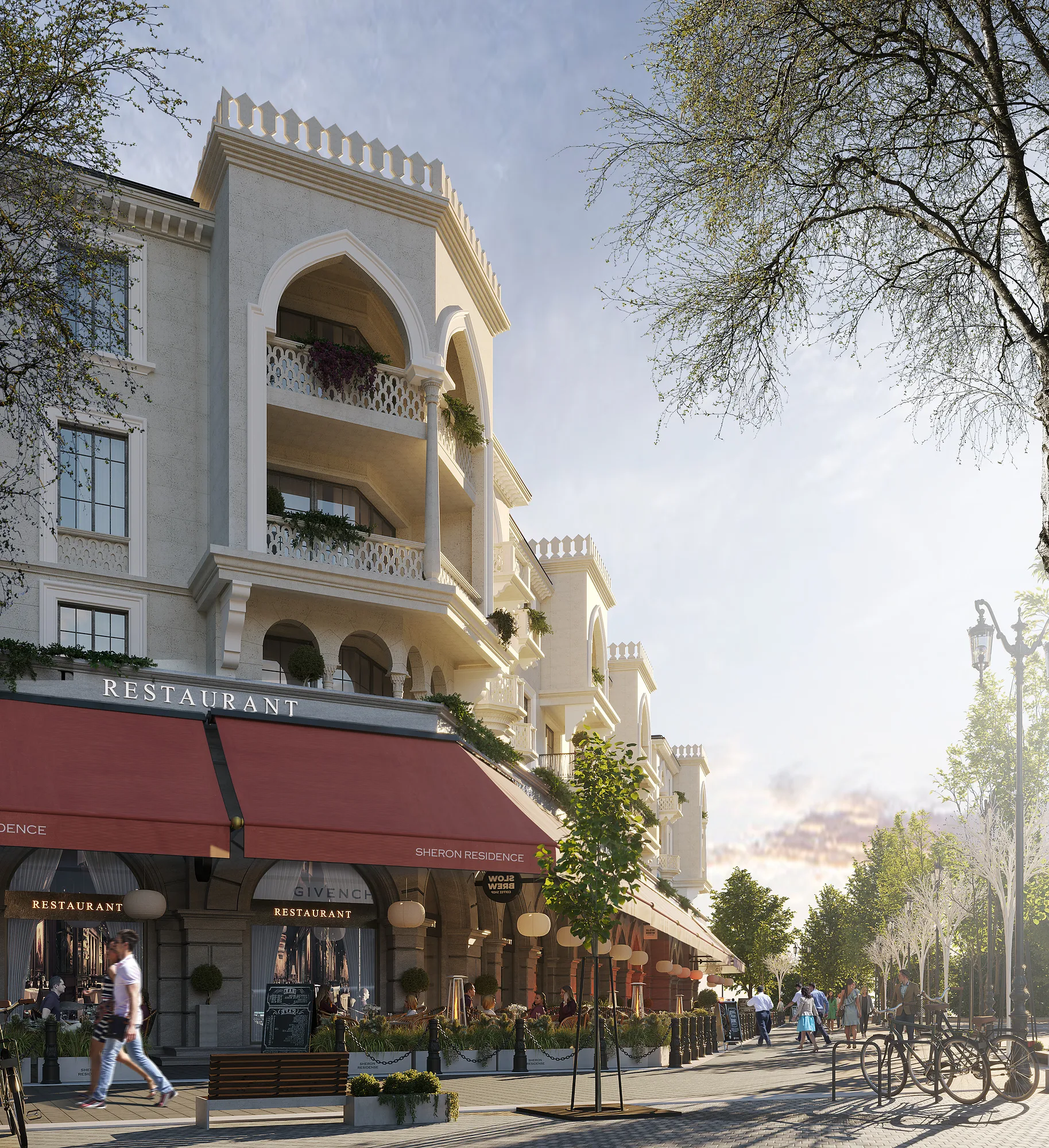 Sheron retail street: corner block with arch and awnings