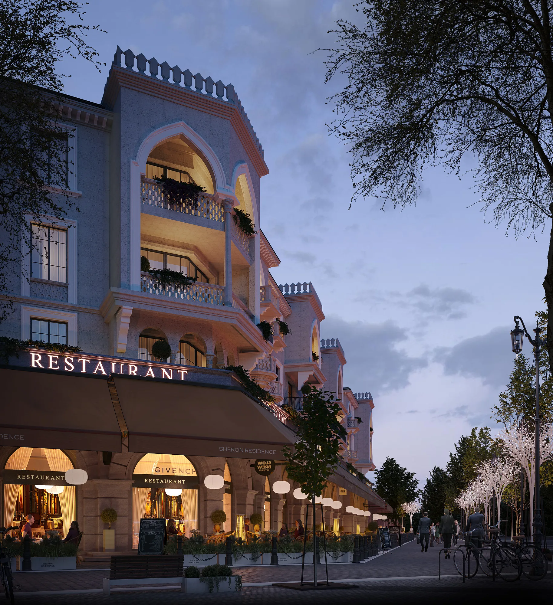 Sheron retail street at dusk with lit restaurants
