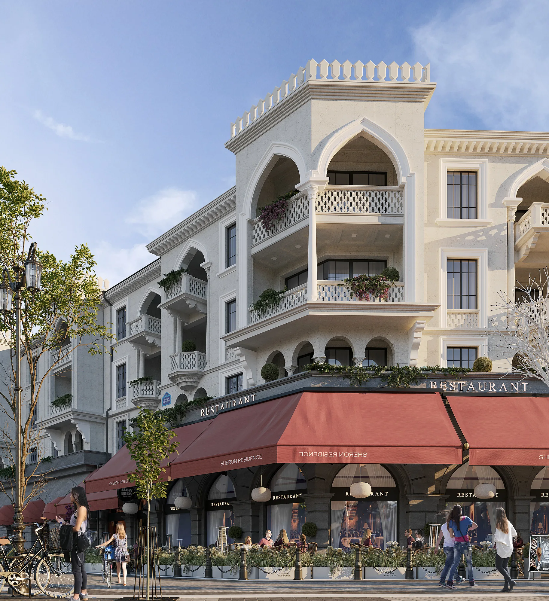 Corner block of the Sheron retail street with ground-floor restaurants