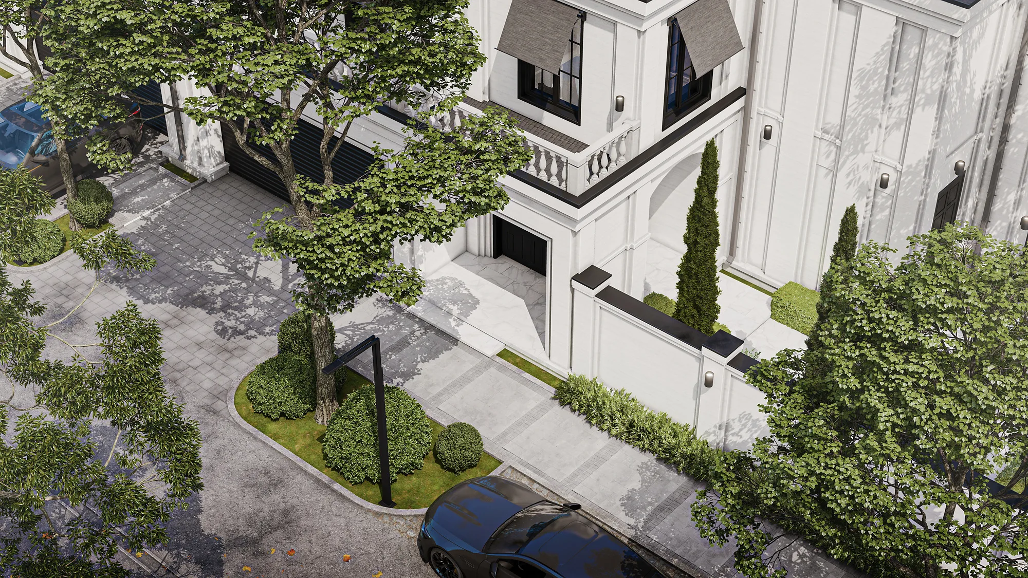 Landscaped villa courtyard in Sheron, aerial view